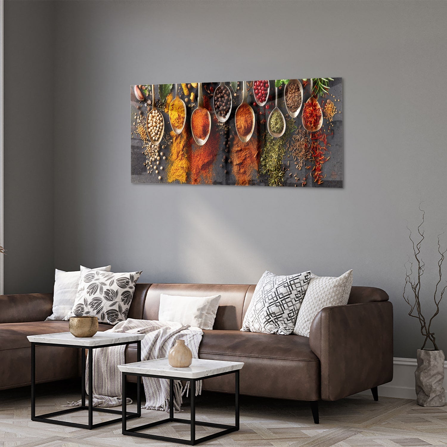 Farbenfrohes Glasbild mit Kräutern und Gewürzen – Glasbild aus Sicherheitsglas, Größe 40x40_rond