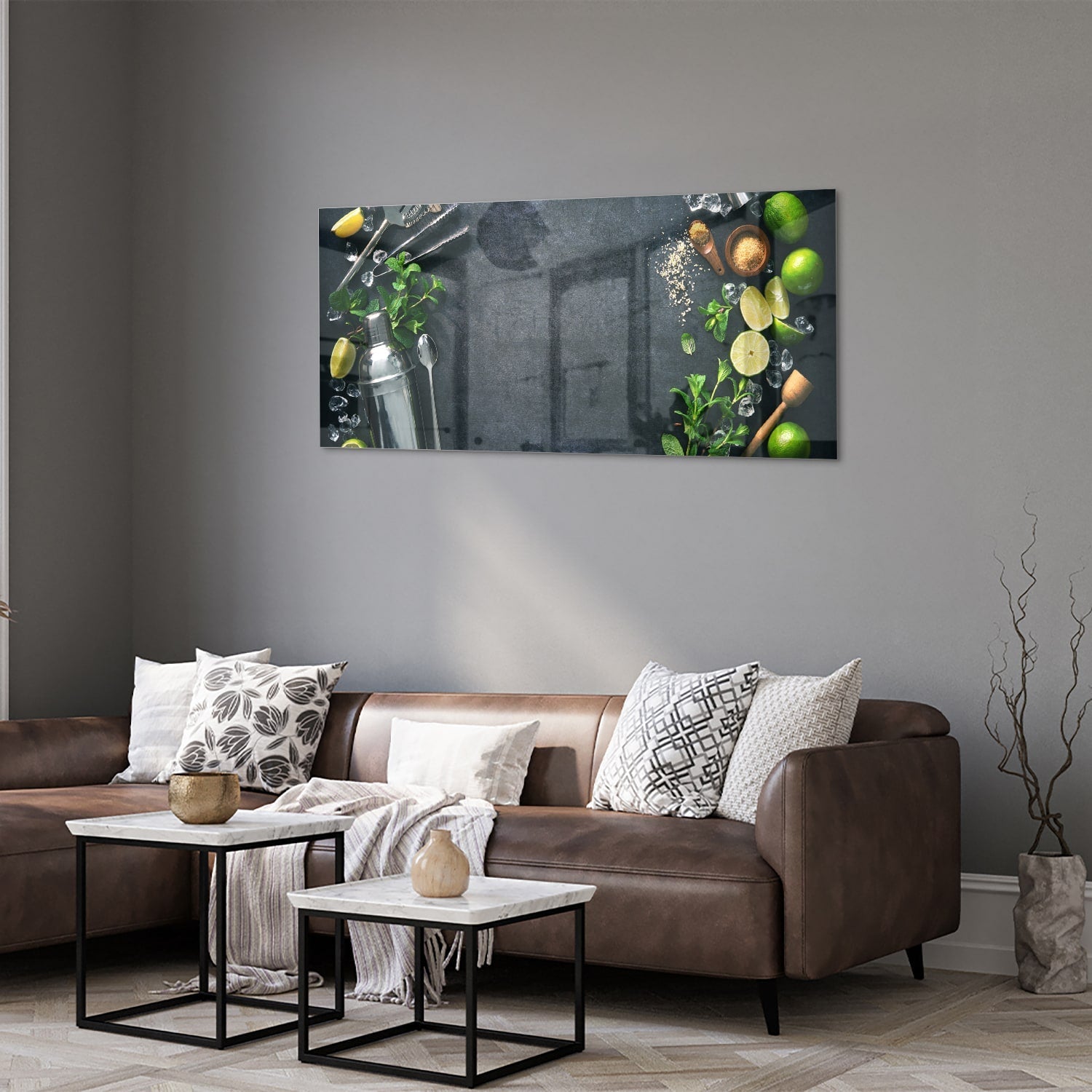 Elegantes Glasbild mit Kräutern und Zitronen – Glasbild aus Sicherheitsglas, Größe 40x40_rond