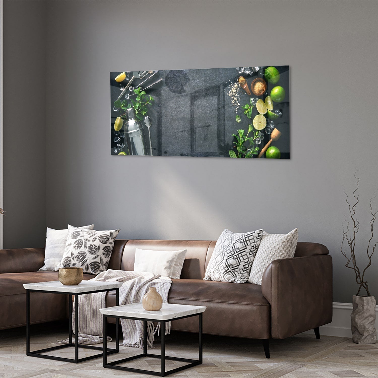Elegantes Glasbild mit Kräuter und Citroenen als moderne Glas-Wanddekoration aus 4 mm Sicherheitsglas