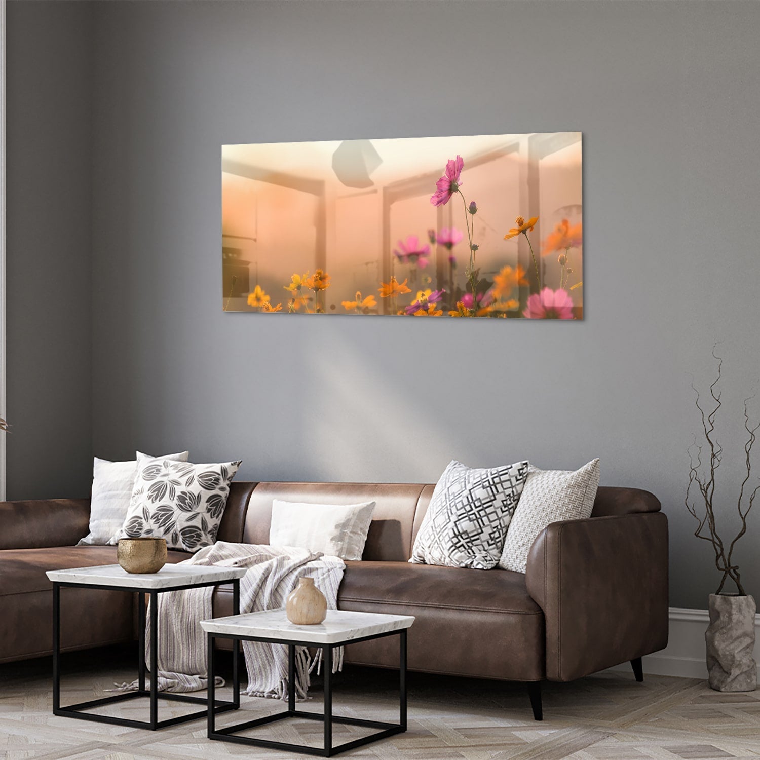 Wunderschönes Glasbild mit Blumen in Pastellfarben – Glasbild aus Sicherheitsglas, Größe 40x40_rond