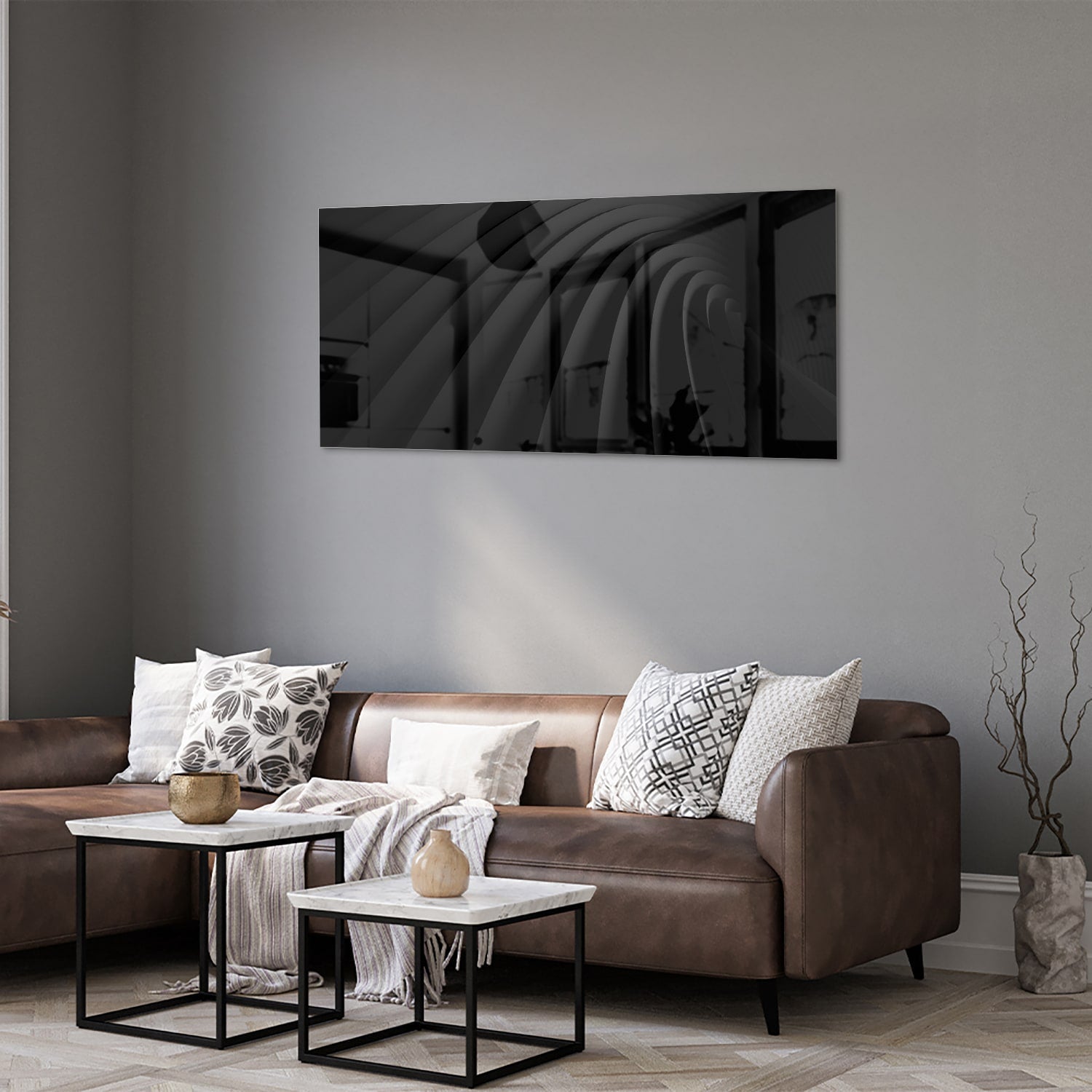 Elegantes schwarzes Glasbild für ein modernes Interieur – Glasbild aus Sicherheitsglas, Größe 40x40_rond