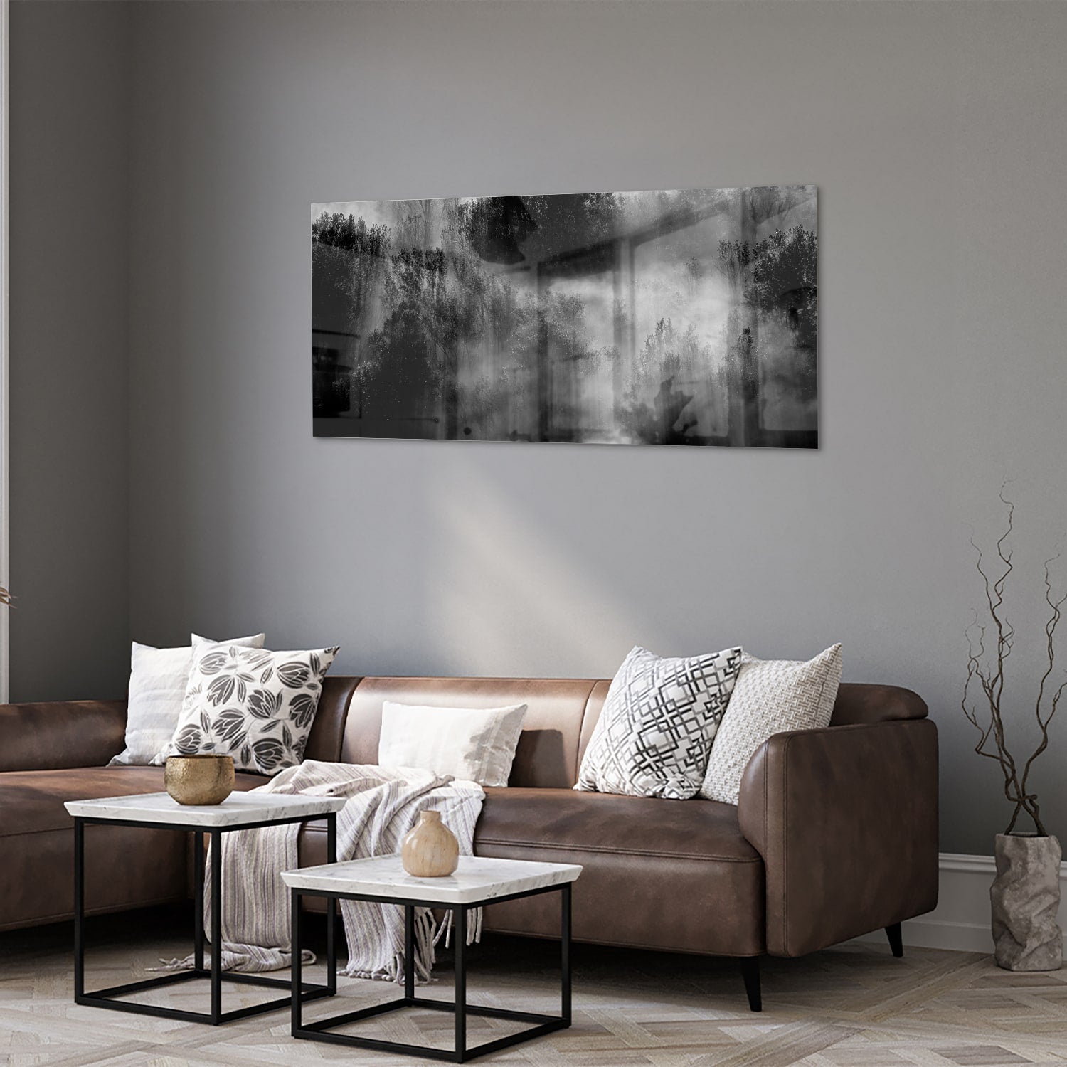 Abstraktes Schwarz-Weiß-Glasbild mit Bäumen – Glasbild aus Sicherheitsglas, Größe 40x40_rond