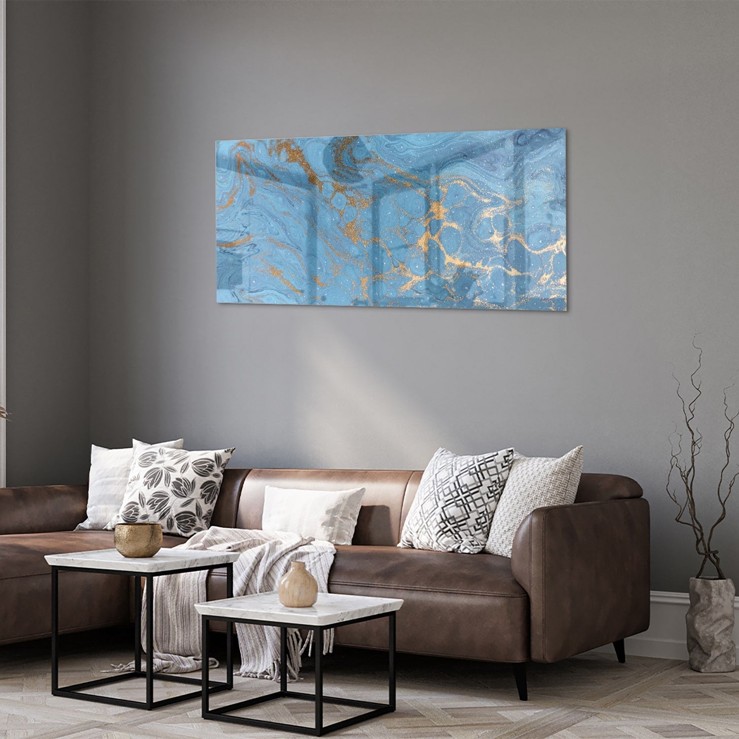 Elegantes Glasbild in blauen und goldenen Farbtönen – Glasbild aus Sicherheitsglas, Größe 40x40_rond