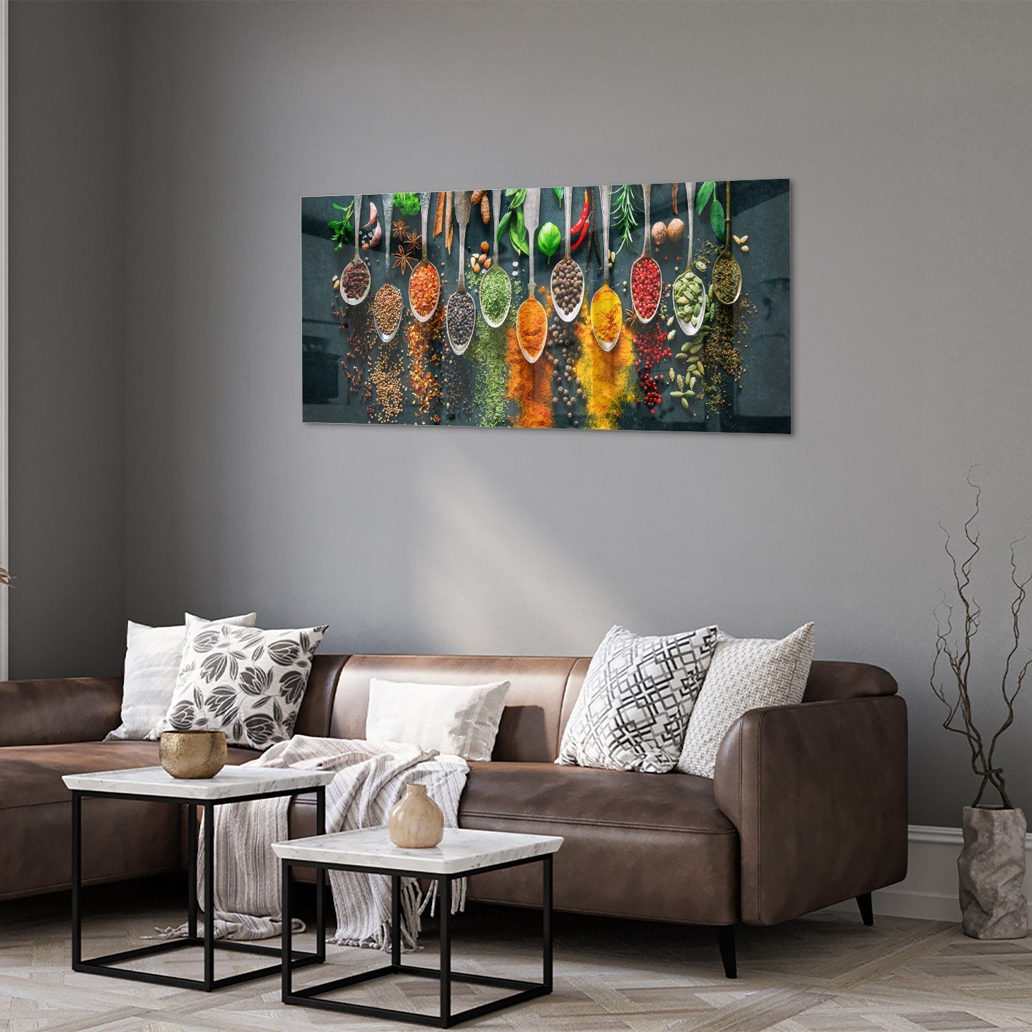 Farbenfrohes Glasbild mit Gewürzen und Kräutern – Glasbild aus Sicherheitsglas, Größe 40x40_rond