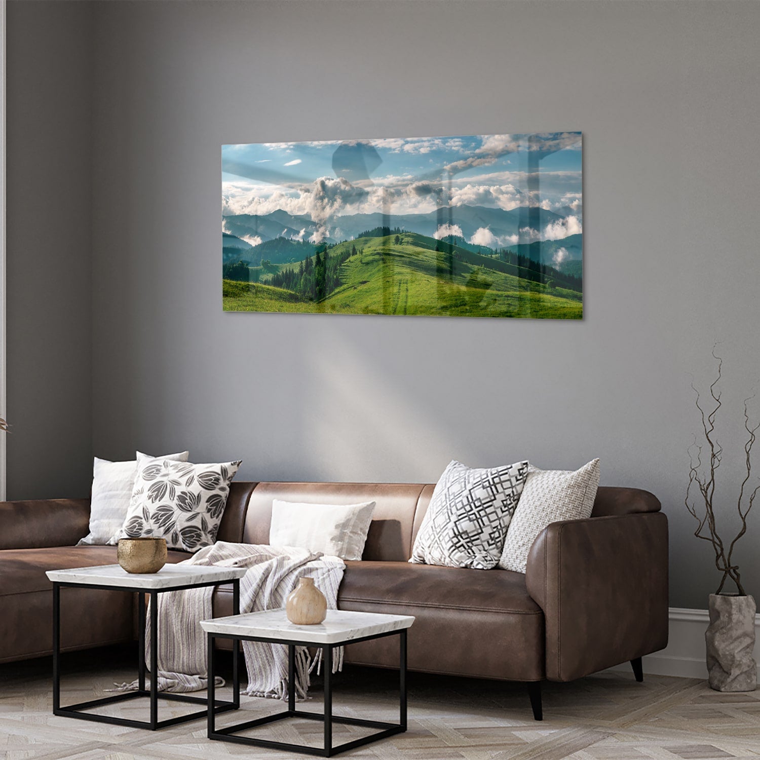 Glasbild mit atemberaubender Berglandschaft – Glasbild aus Sicherheitsglas, Größe 40x40_rond