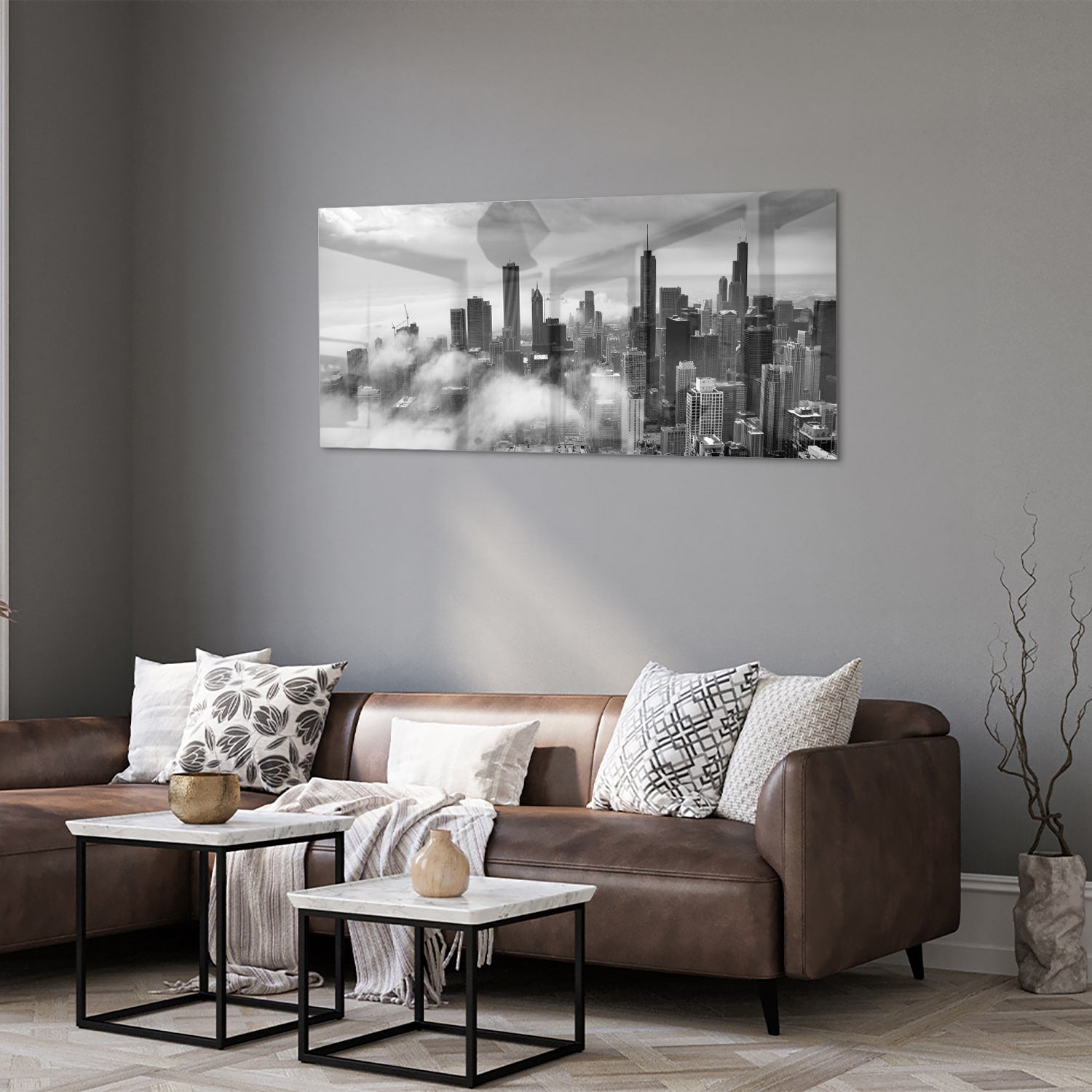Schwarz-Weiß-Glasbild mit Stadtmotiv – Glasbild aus Sicherheitsglas, Größe 40x40_rond
