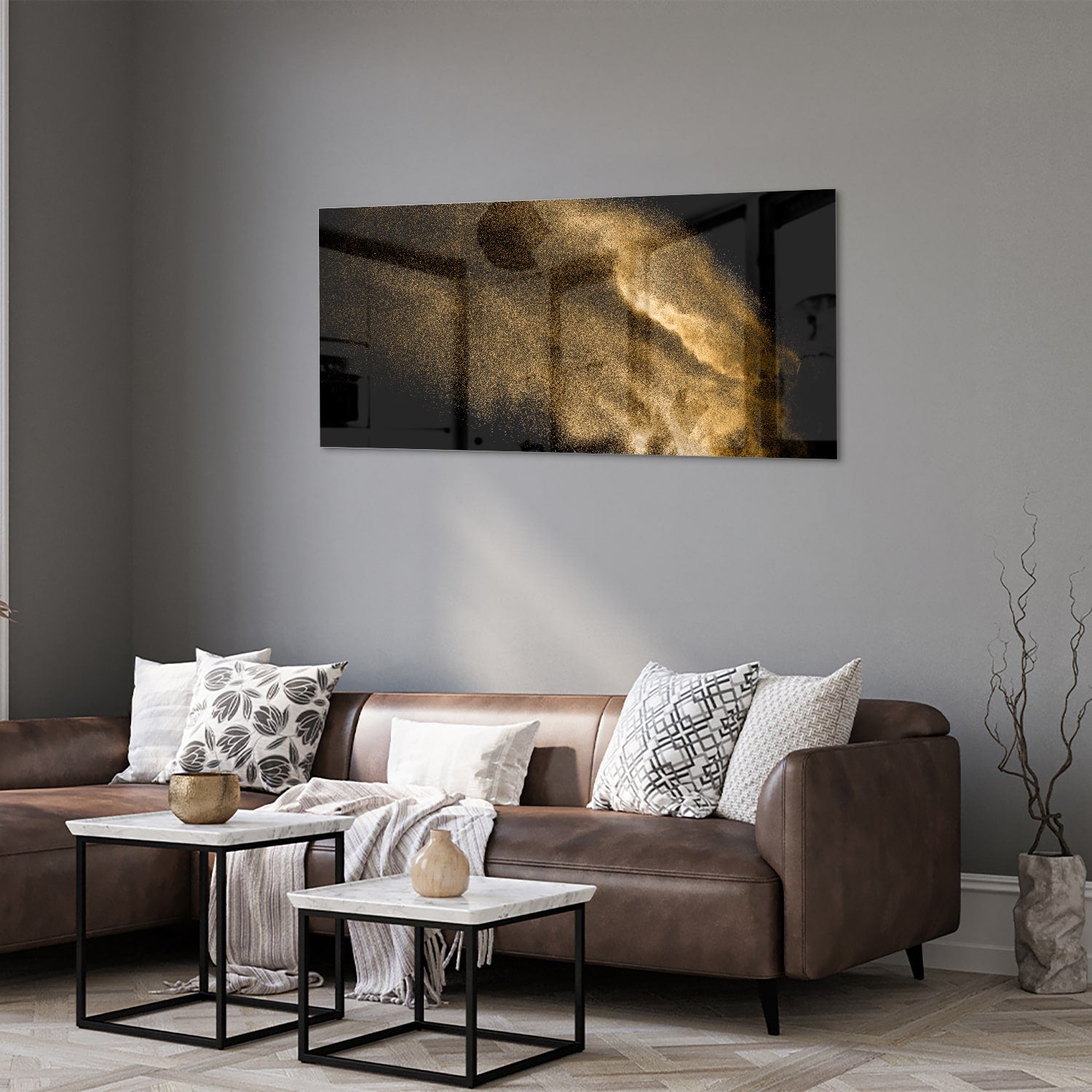Glasbild – Goldene Hand auf schwarzem Hintergrund – Glasbild aus Sicherheitsglas, Größe 40x40_rond