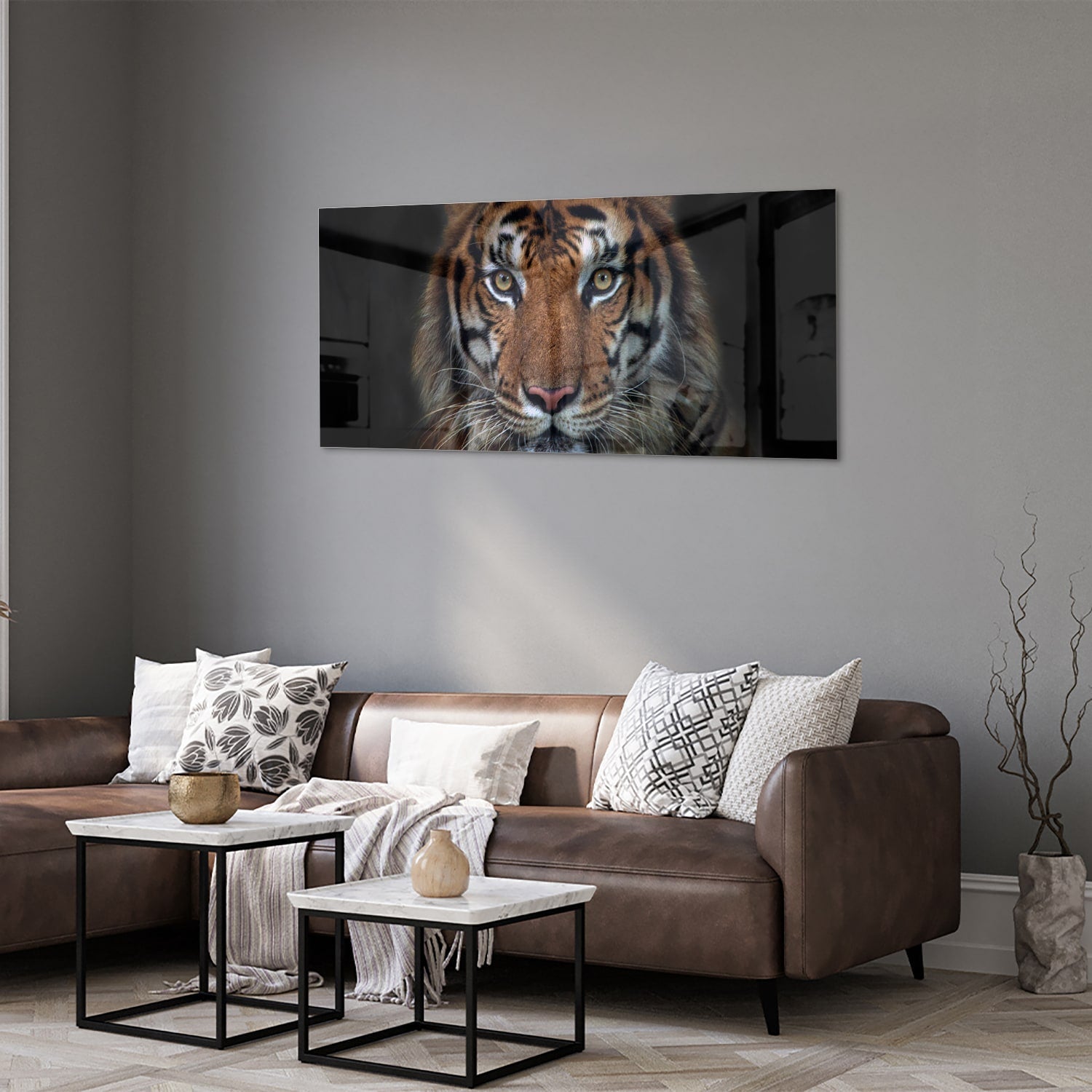 Kraftvoller Tiger – Glasbild für Ihr Interieur – Glasbild aus Sicherheitsglas, Größe 40x40_rond