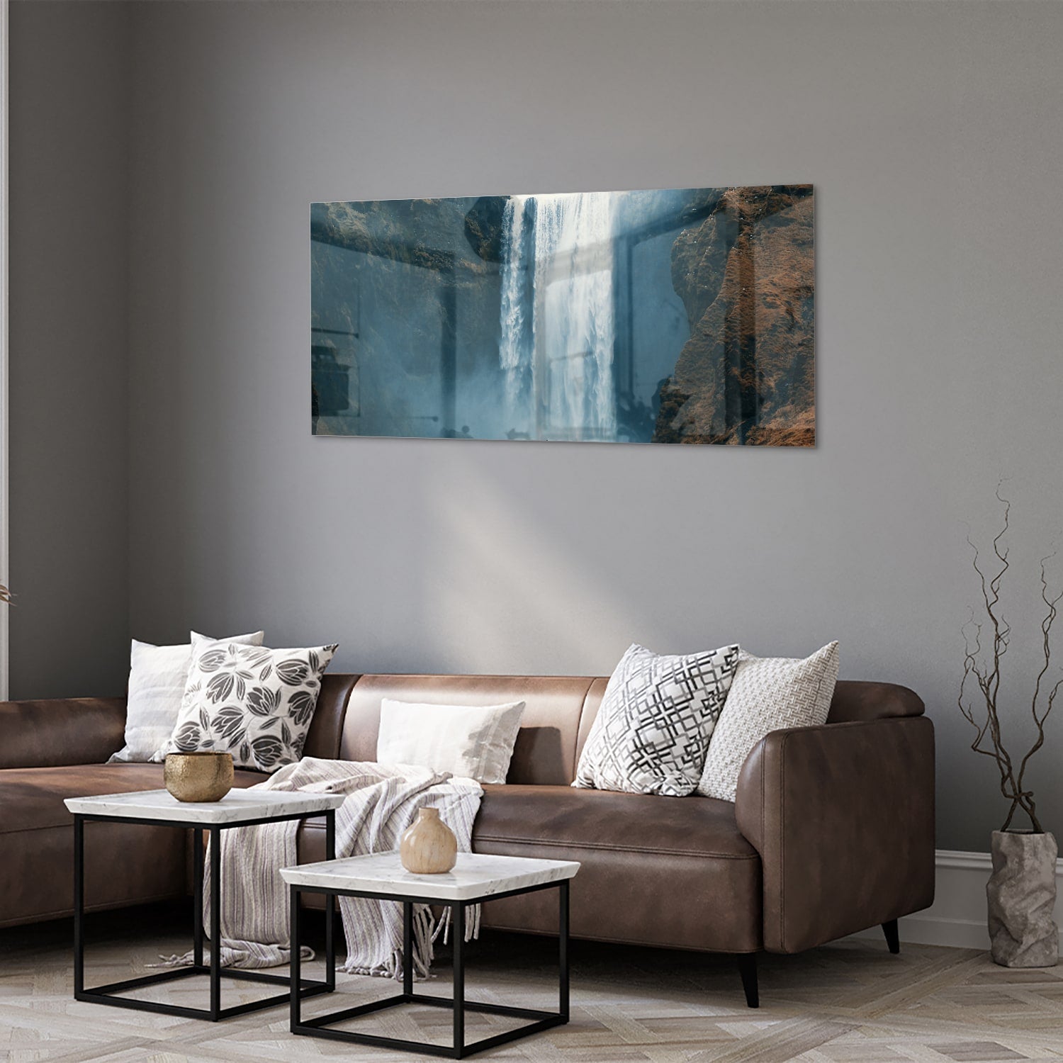Atemberaubendes Glasbild mit Wasserfall – Glasbild aus Sicherheitsglas, Größe 40x40_rond