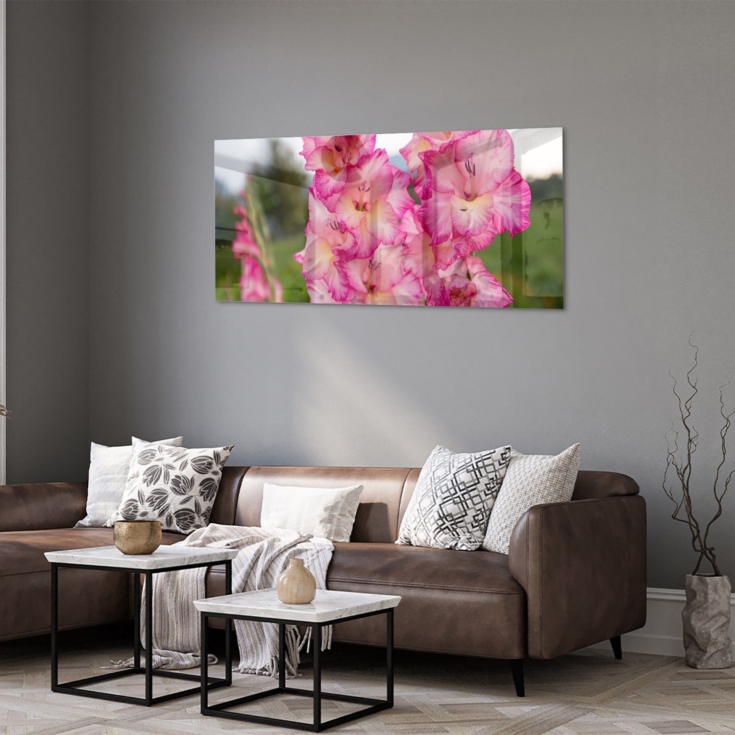 Glasbild mit wunderschönen rosa Gladiolen – Glasbild aus Sicherheitsglas, Größe 40x40_rond