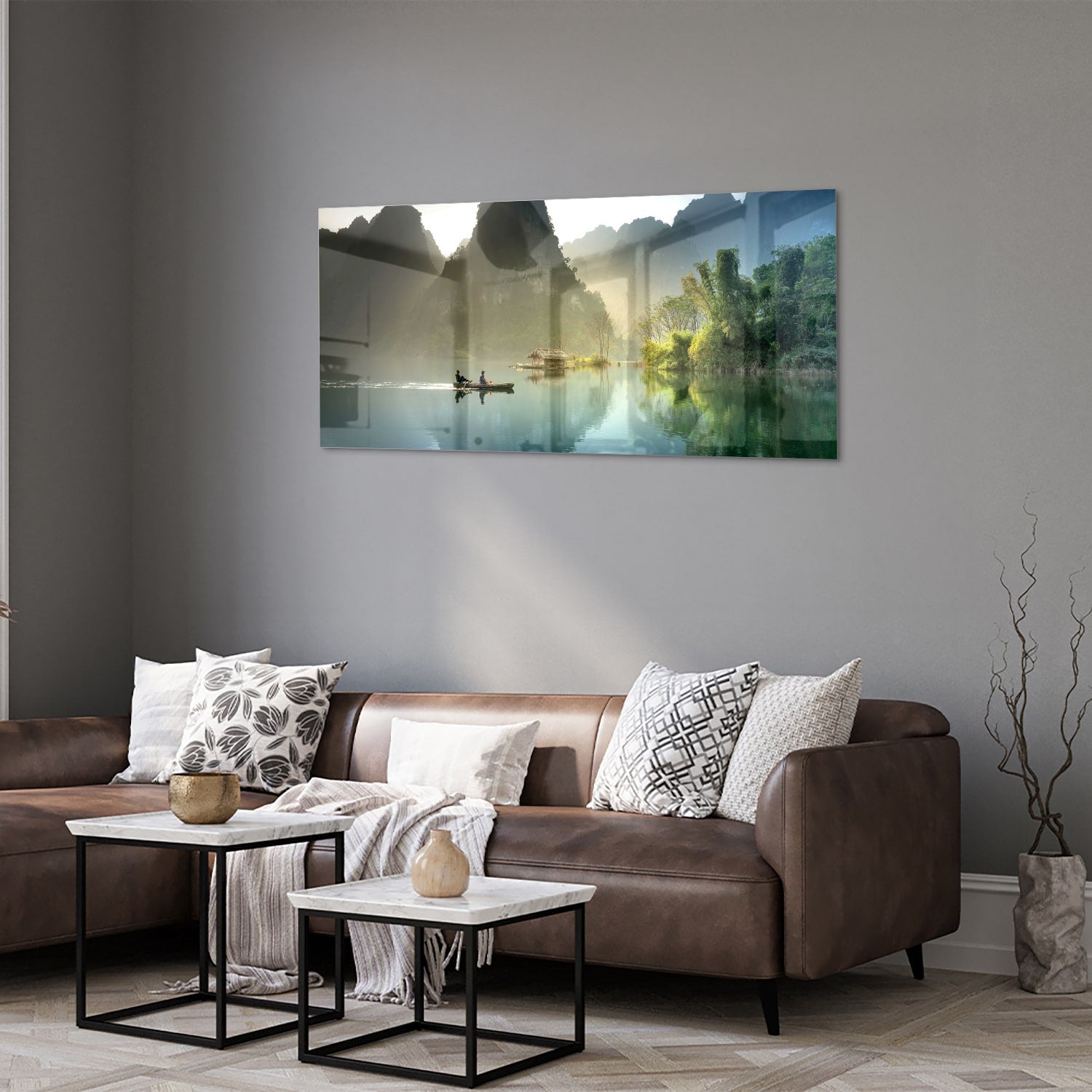 Rustikales Glasbild mit ruhigen Bergreflexionen – Glasbild aus Sicherheitsglas, Größe 40x40_rond