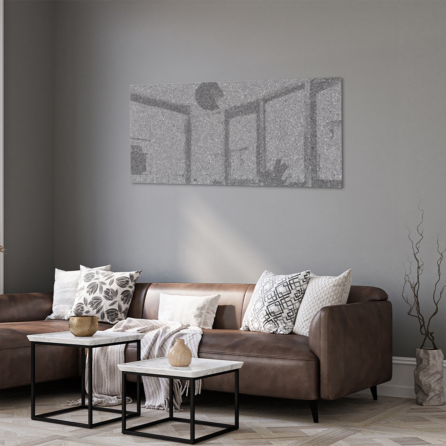 Glasbild mit abstrakten Grautönen – Glasbild aus Sicherheitsglas, Größe 40x40_rond