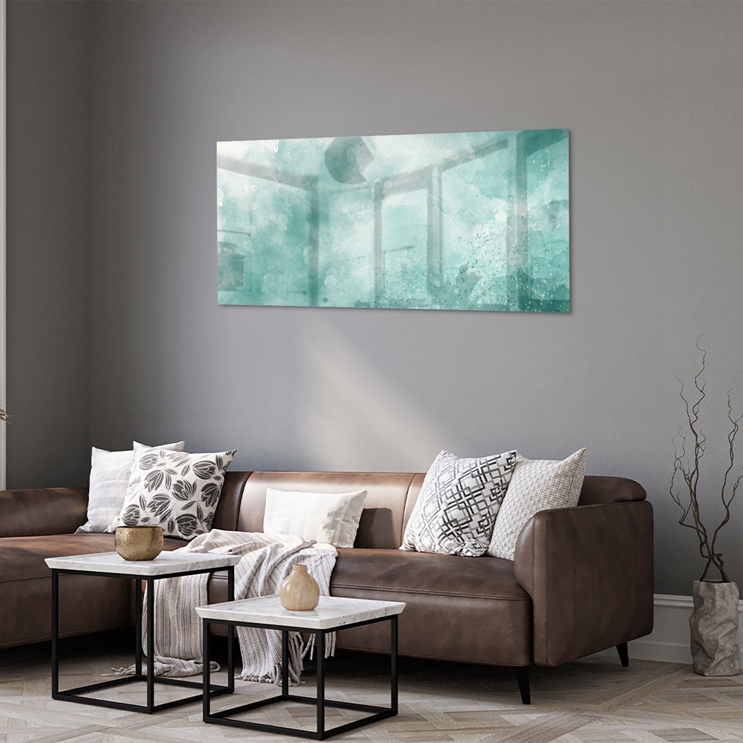 Abstraktes Glasbild in Aquablau – Glasbild aus Sicherheitsglas, Größe 40x40_rond