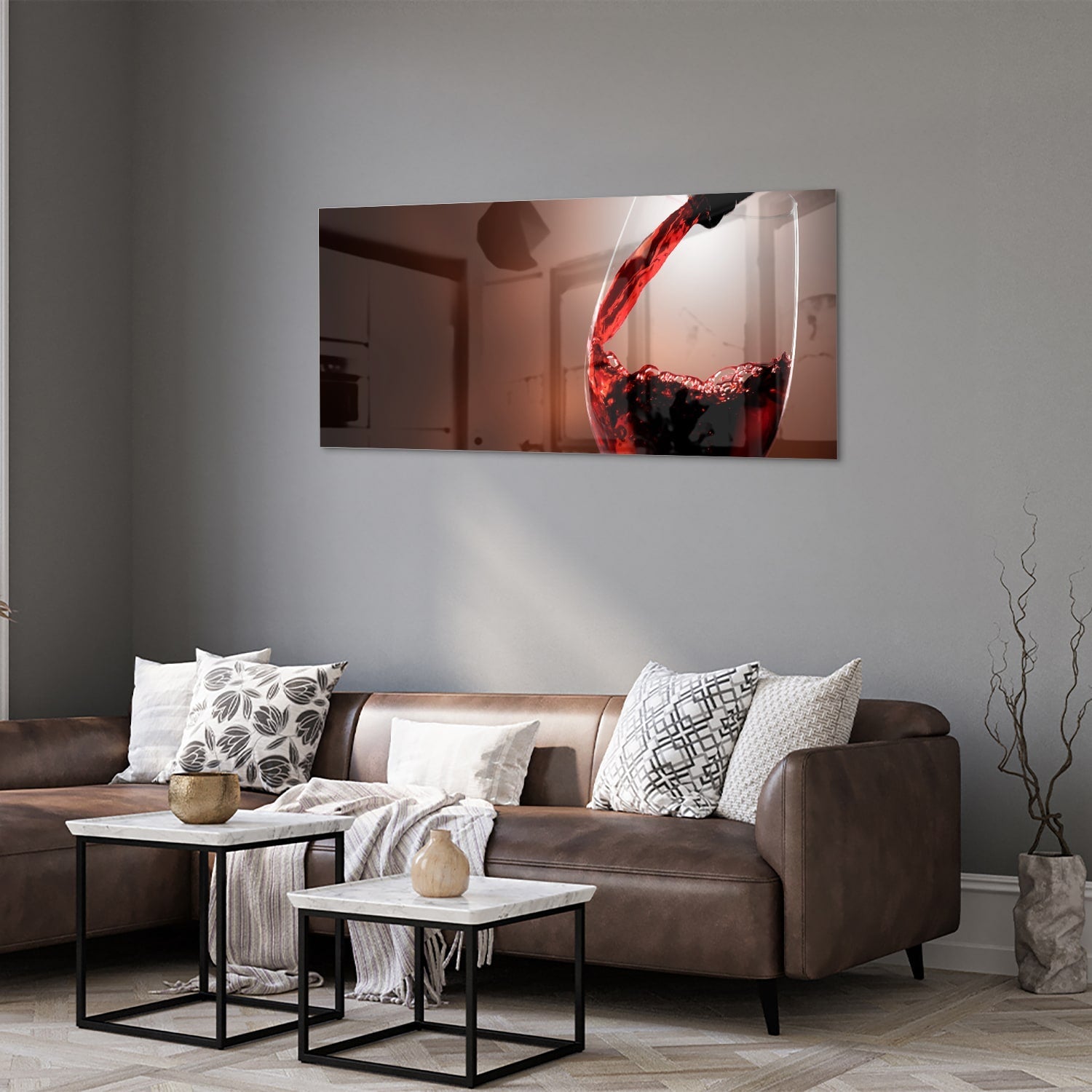 Glasbild mit Rotwein in einem stilvollen Raum – Glasbild aus Sicherheitsglas, Größe 40x40_rond