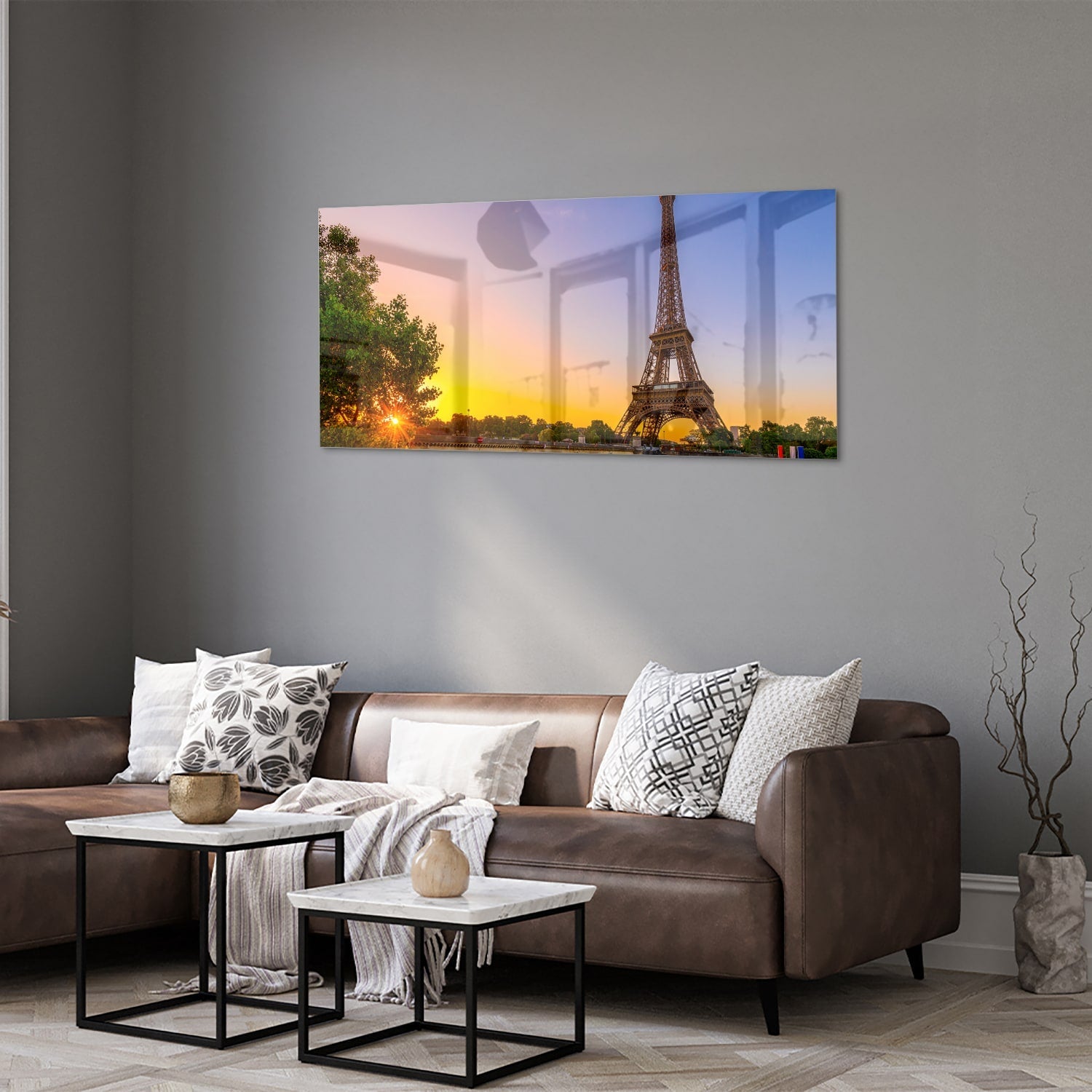 Glasbild mit dem Eiffelturm bei Sonnenuntergang – Glasbild aus Sicherheitsglas, Größe 40x40_rond