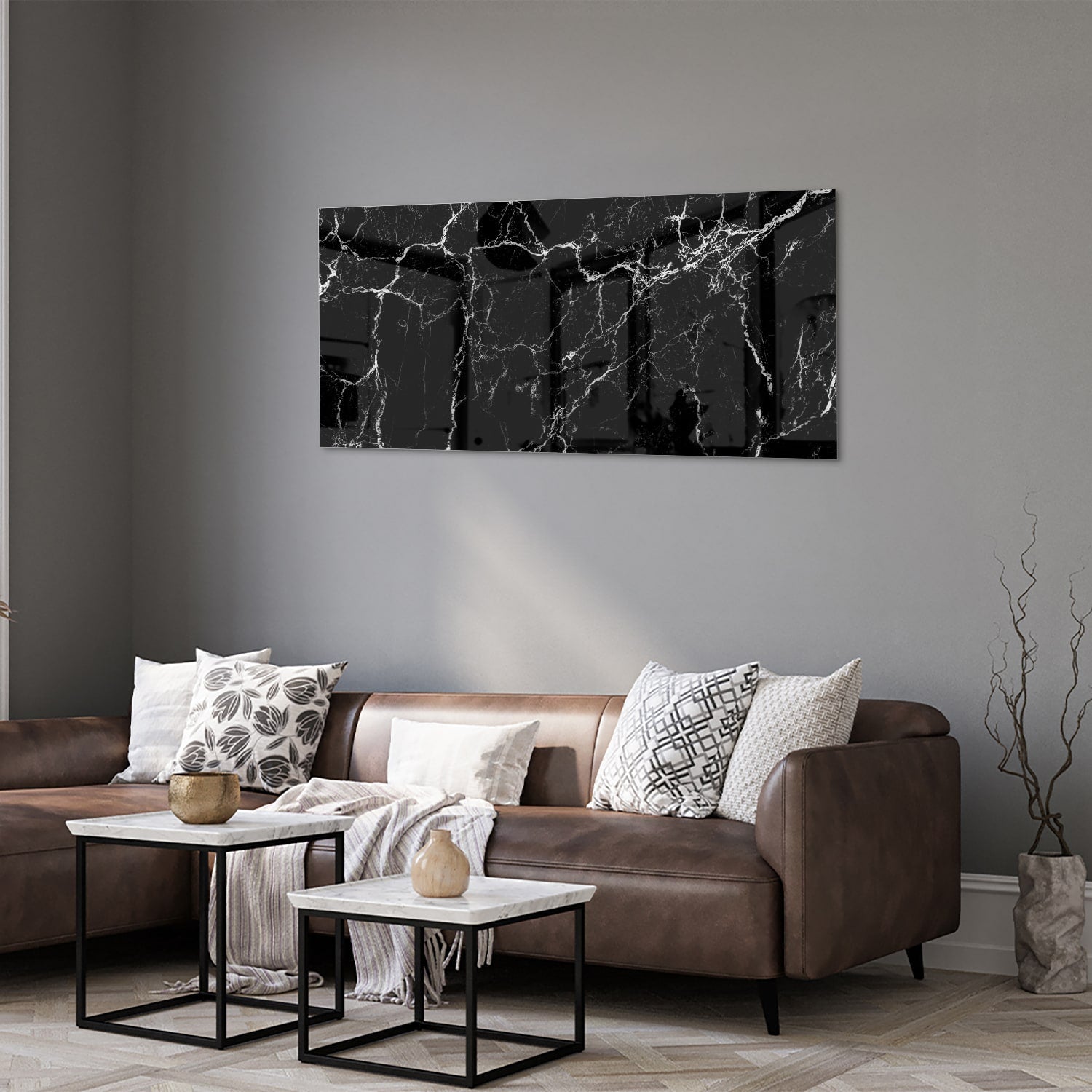 Elegantes Glasbild in schwarzer Marmoroptik – Glasbild aus Sicherheitsglas, Größe 40x40_rond