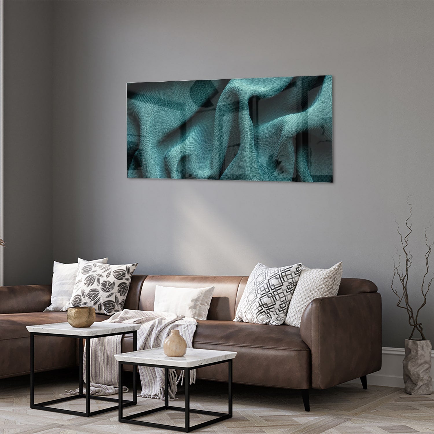 Elegantes Glasbild mit blau-grünem Design – Glasbild aus Sicherheitsglas, Größe 40x40_rond