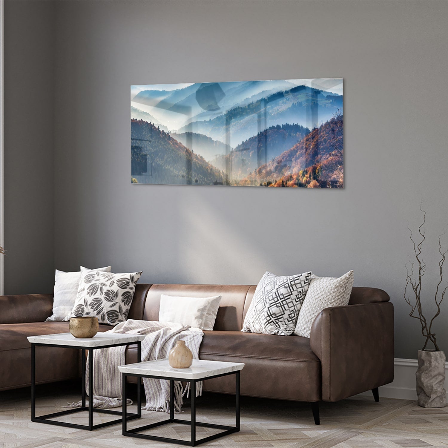 Atemberaubendes Glasbild mit Berglandschaft für Zuhause – Glasbild aus Sicherheitsglas, Größe 40x40_rond