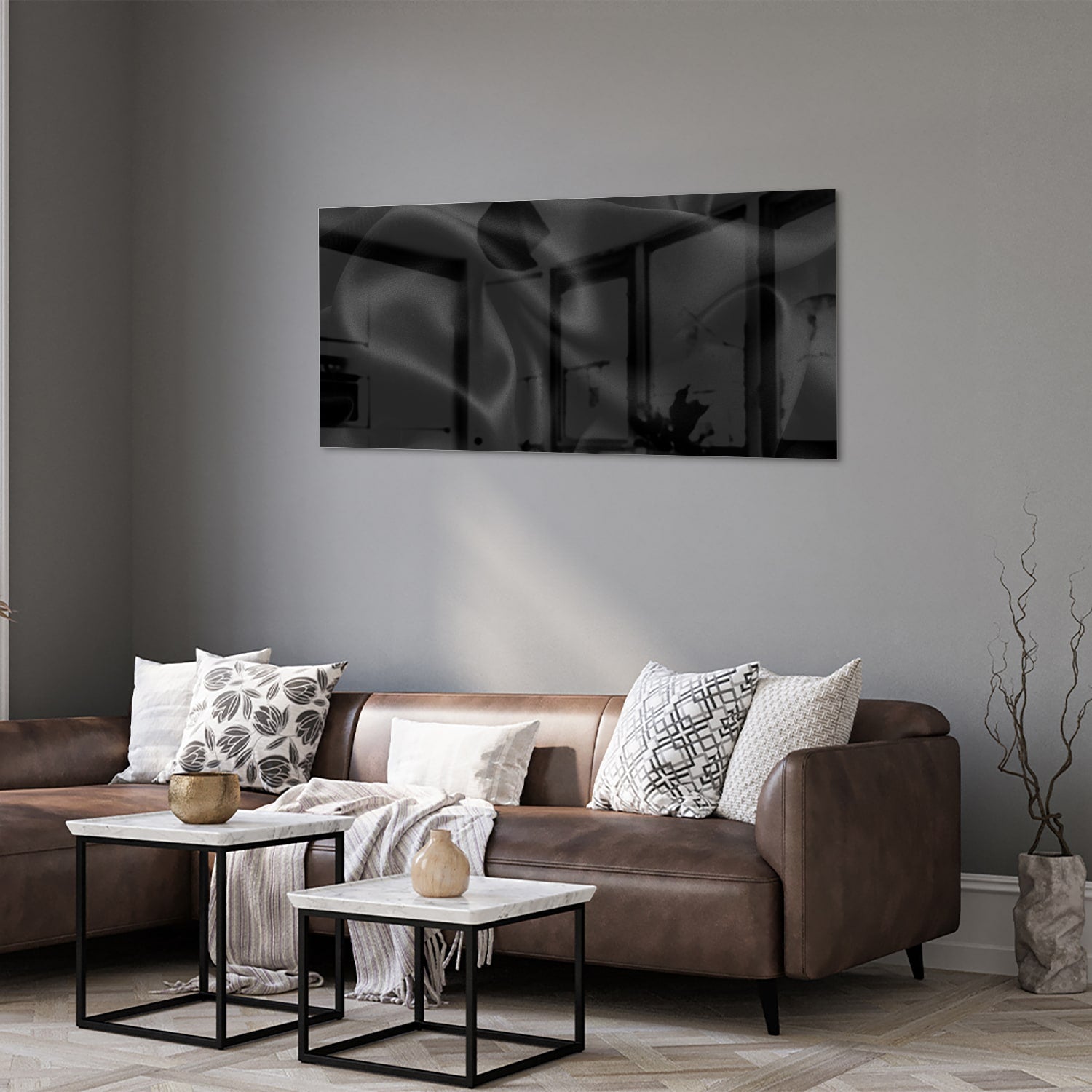 Elegantes schwarzes Glasbild für moderne Innenräume – Glasbild aus Sicherheitsglas, Größe 40x40_rond