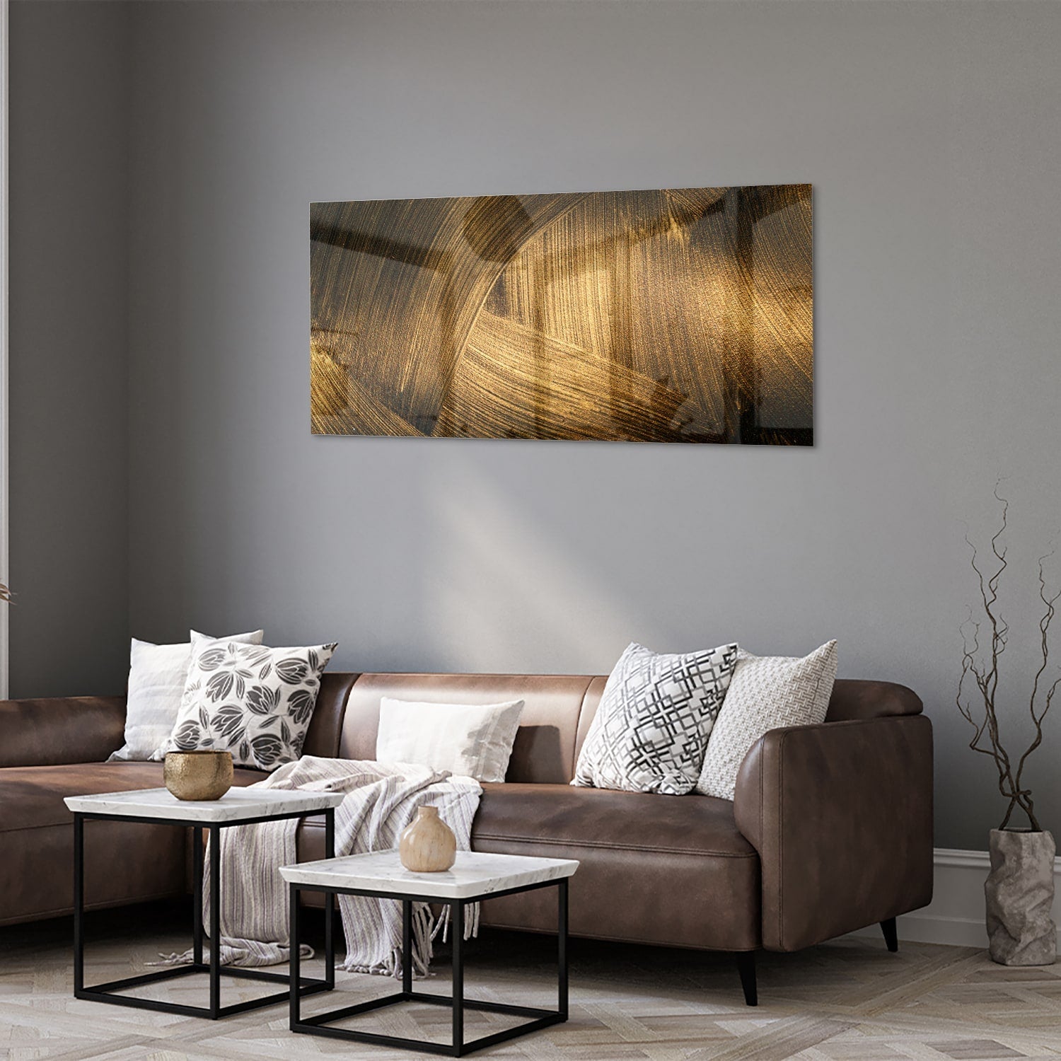 Elegantes Glasbild mit goldenem Muster – Glasbild aus Sicherheitsglas, Größe 40x40_rond
