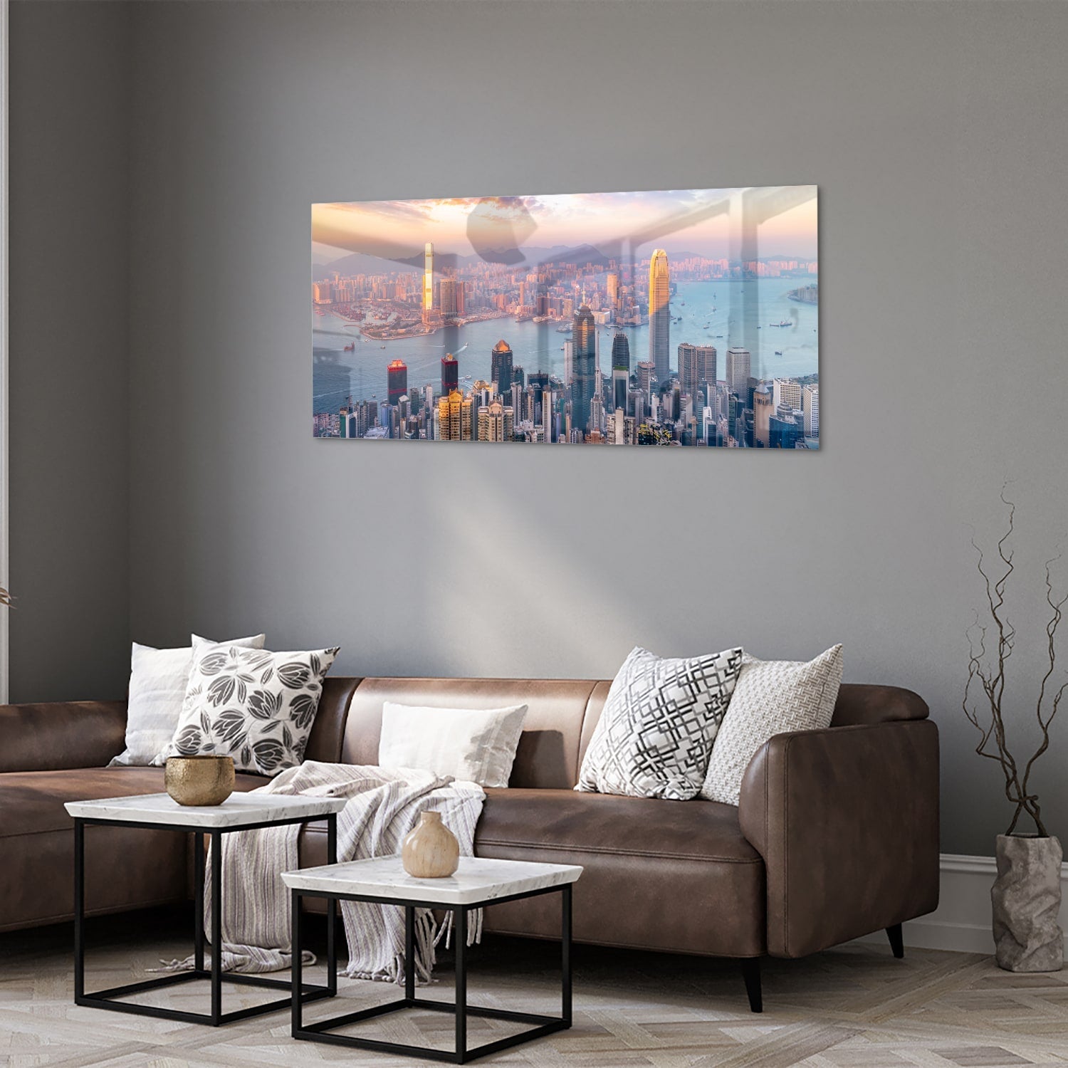 Glasbild mit Stadtansicht bei Sonnenuntergang – Glasbild aus Sicherheitsglas, Größe 40x40_rond
