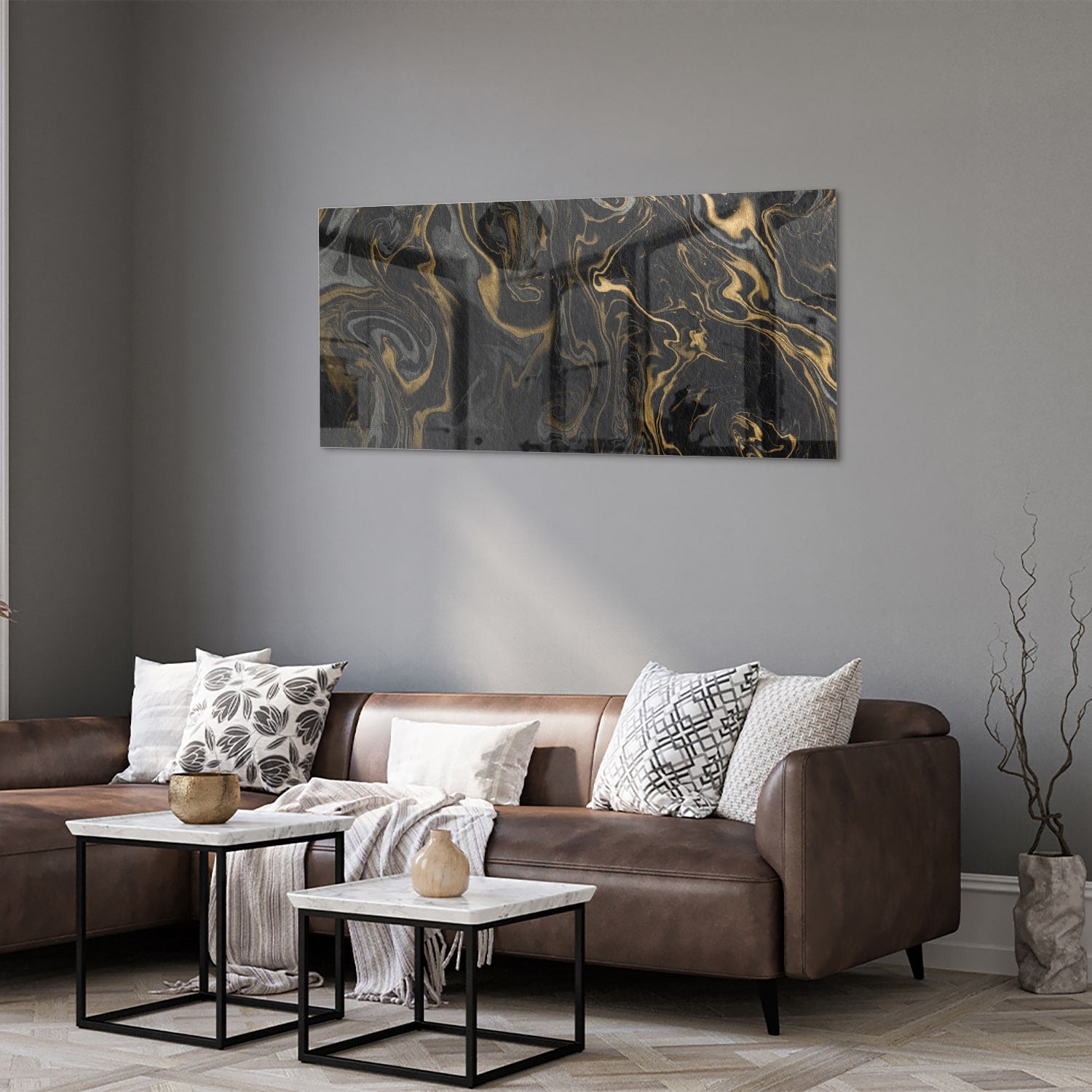 Elegantes schwarz-goldenes Glasbild für Ihr Wohnzimmer – Glasbild aus Sicherheitsglas, Größe 40x40_rond