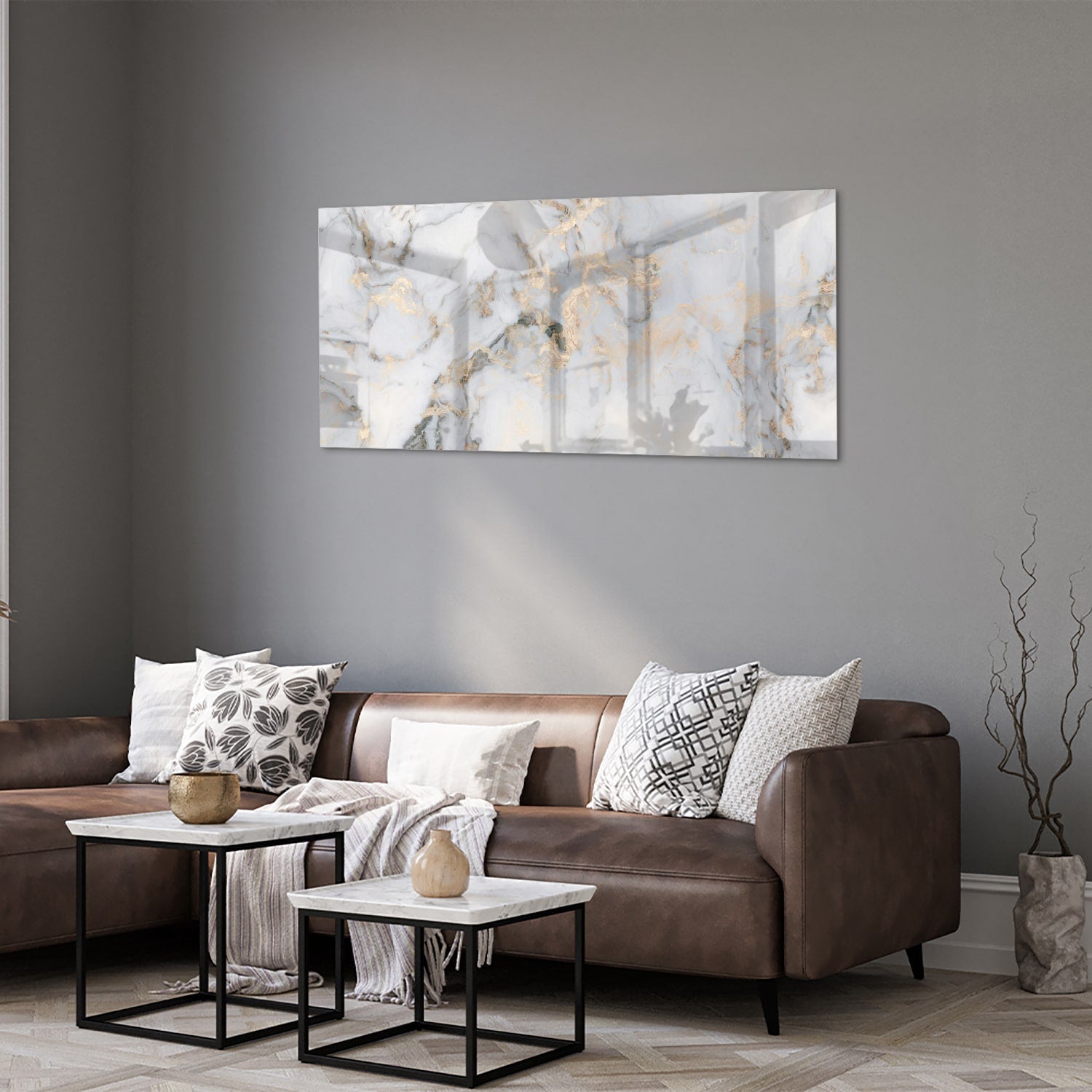 Elegantes Glasbild mit Marmoroptik und goldenen Details – Glasbild aus Sicherheitsglas, Größe 40x40_rond