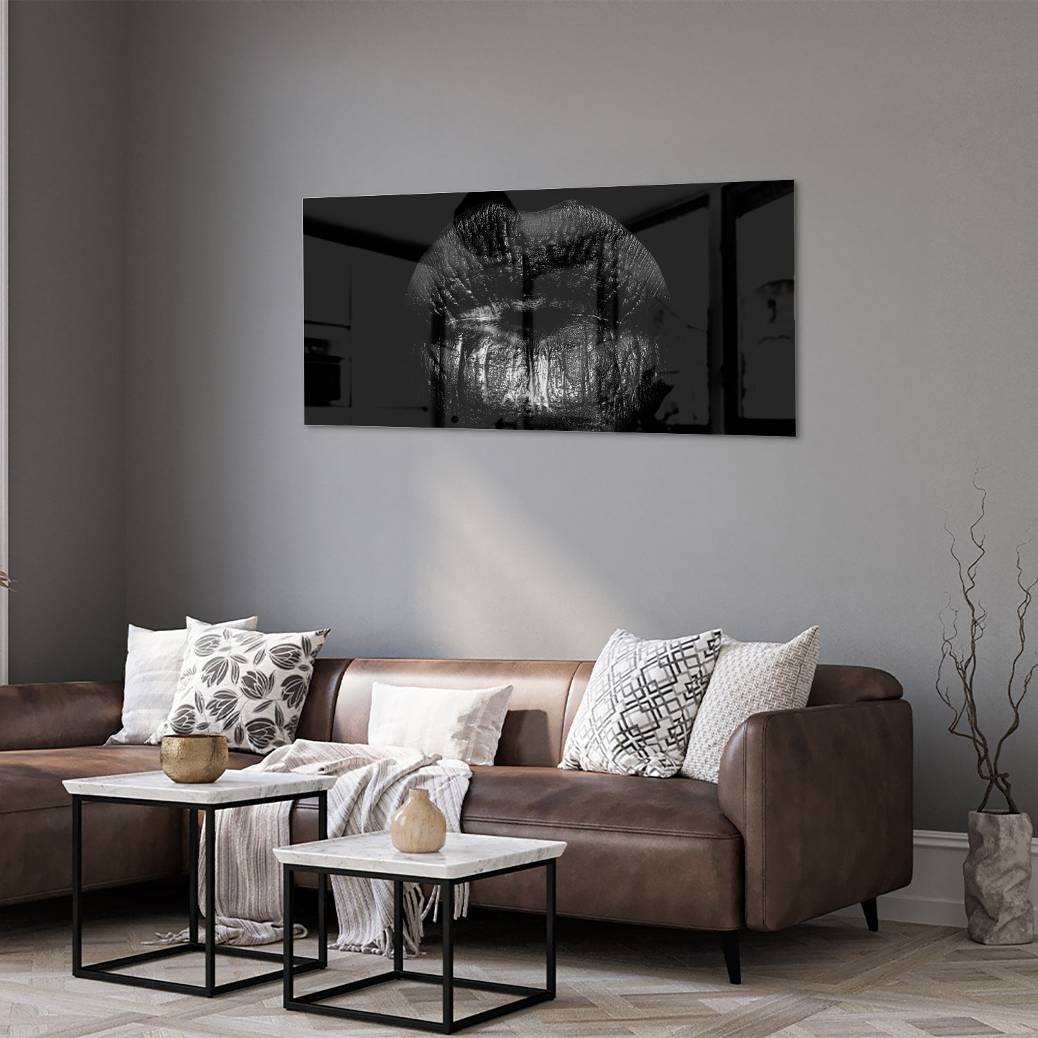 Schwarzes Glasbild mit Lippenprint – Glasbild aus Sicherheitsglas, Größe 40x40_rond