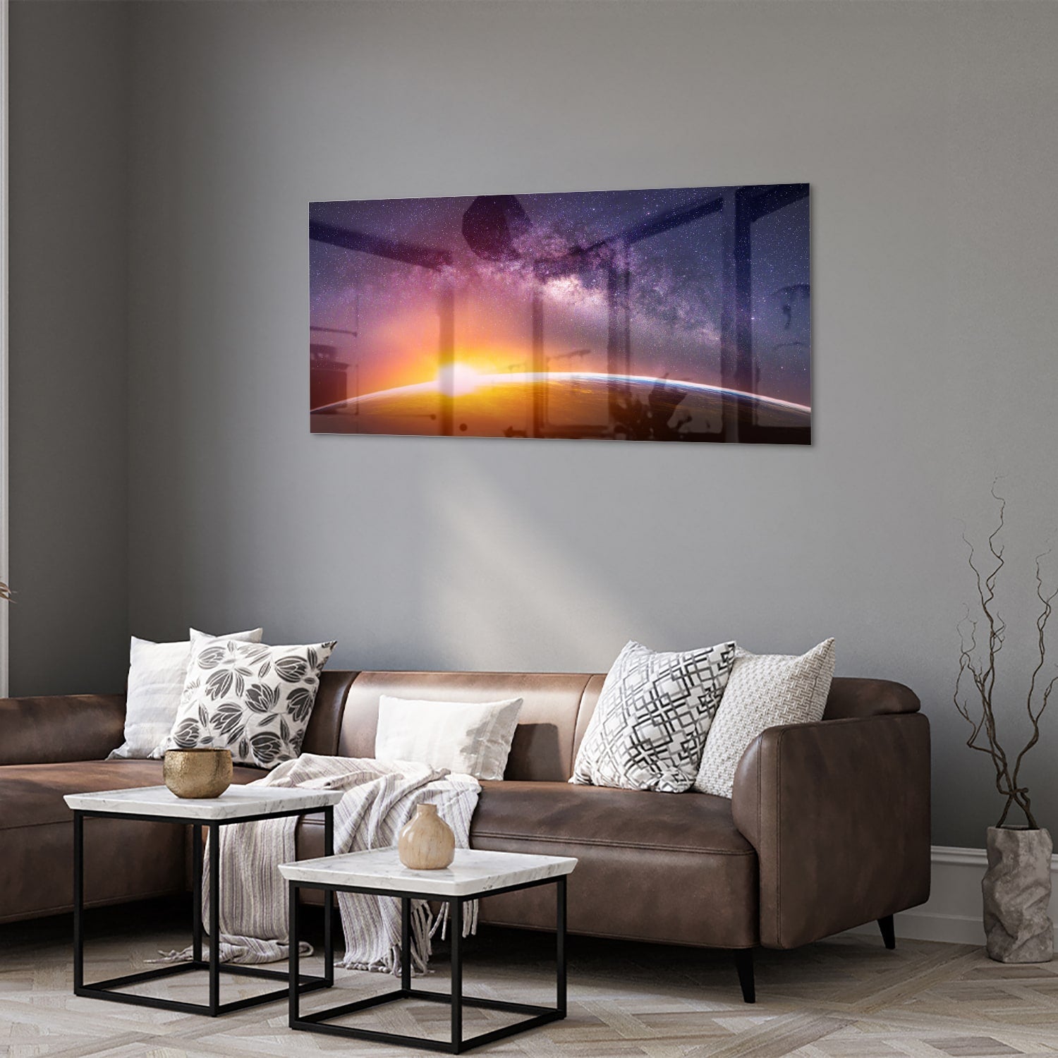 Glasbild mit einem Sternenhimmel bei Sonnenuntergang – Glasbild aus Sicherheitsglas, Größe 40x40_rond