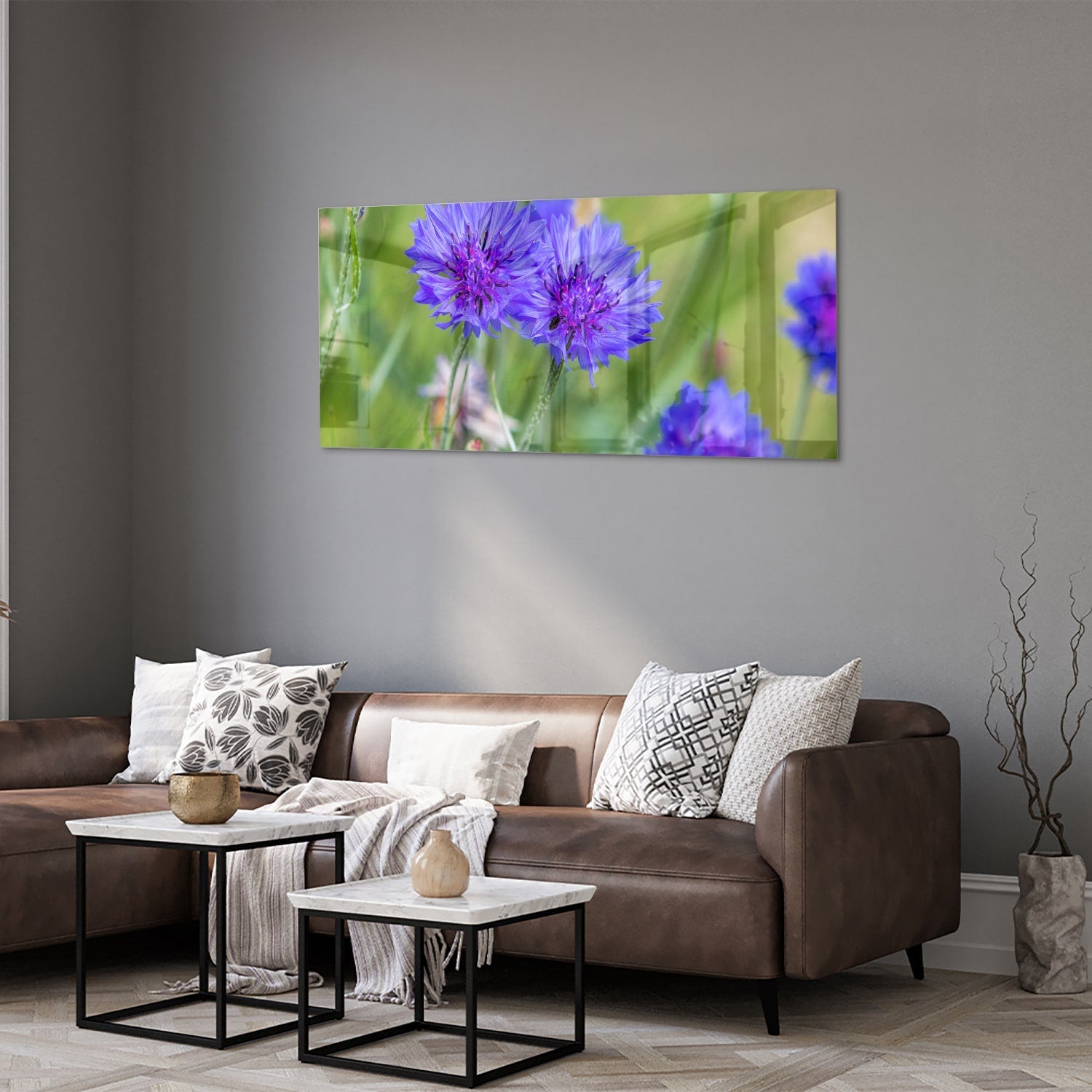 Glasbild mit violetten Blumen für moderne Einrichtungen – Glasbild aus Sicherheitsglas, Größe 40x40_rond