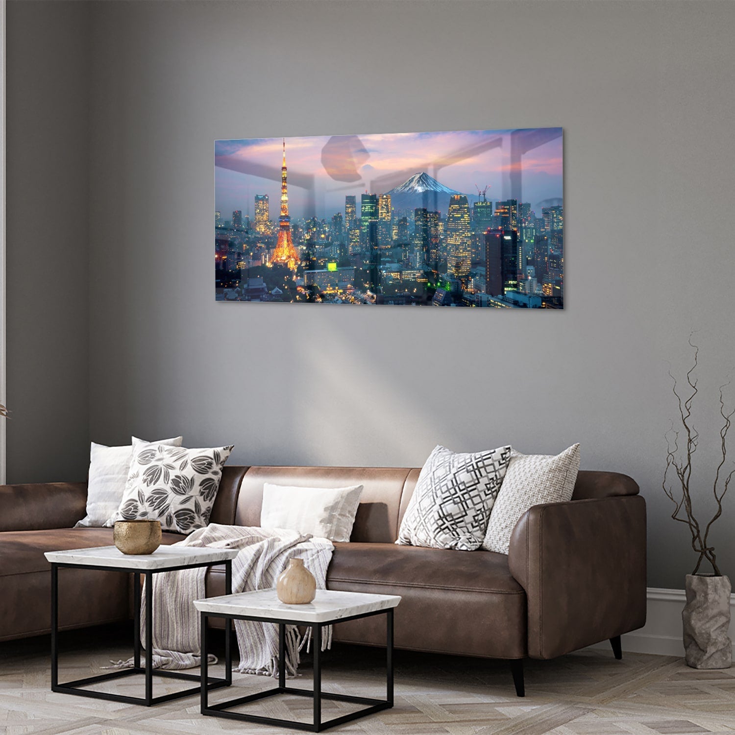 Glasbild mit Stadtpanorama, Fuji und Tokyo Tower – Glasbild aus Sicherheitsglas, Größe 40x40_rond