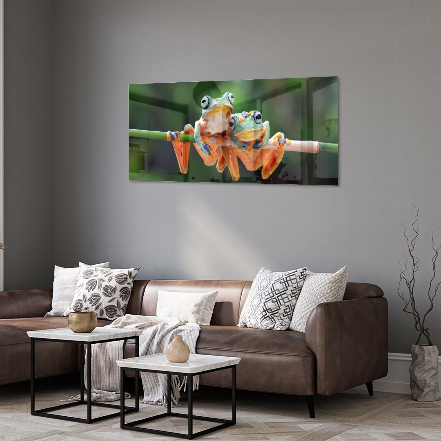 Fröhliches Glasbild mit Frosch auf einem Ast – Glasbild aus Sicherheitsglas, Größe 40x40_rond