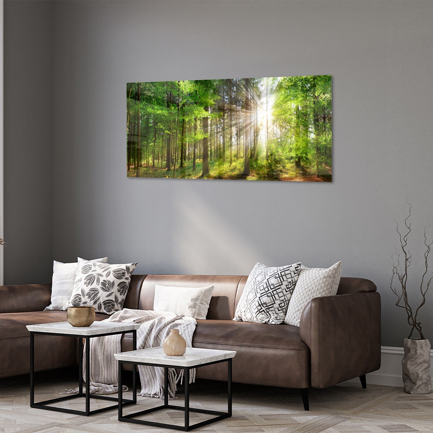 Glasbild mit sonnigem Wald für die Wohndekoration – Glasbild aus Sicherheitsglas, Größe 40x40_rond