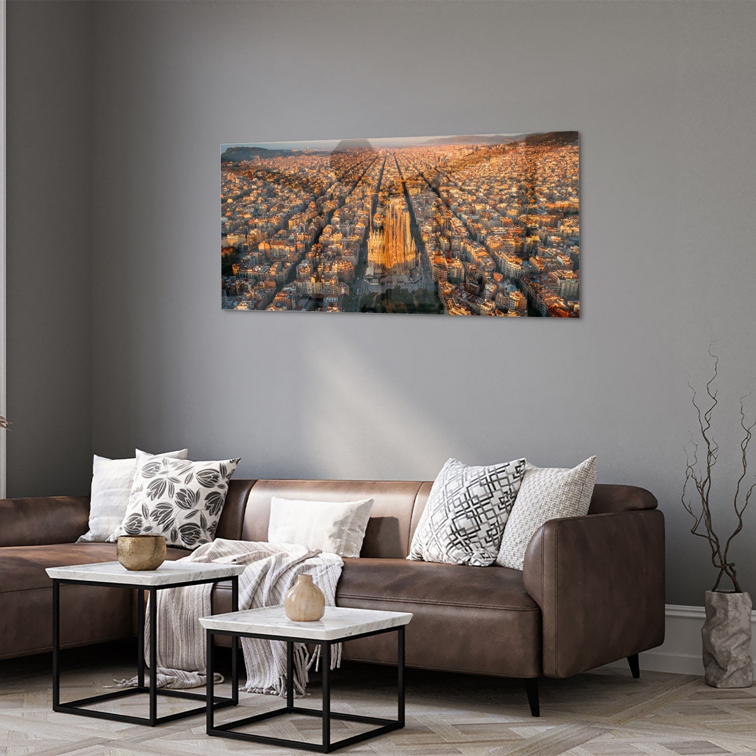 Glasbild mit atemberaubendem Stadtblick bei Sonnenuntergang – Glasbild aus Sicherheitsglas, Größe 40x40_rond
