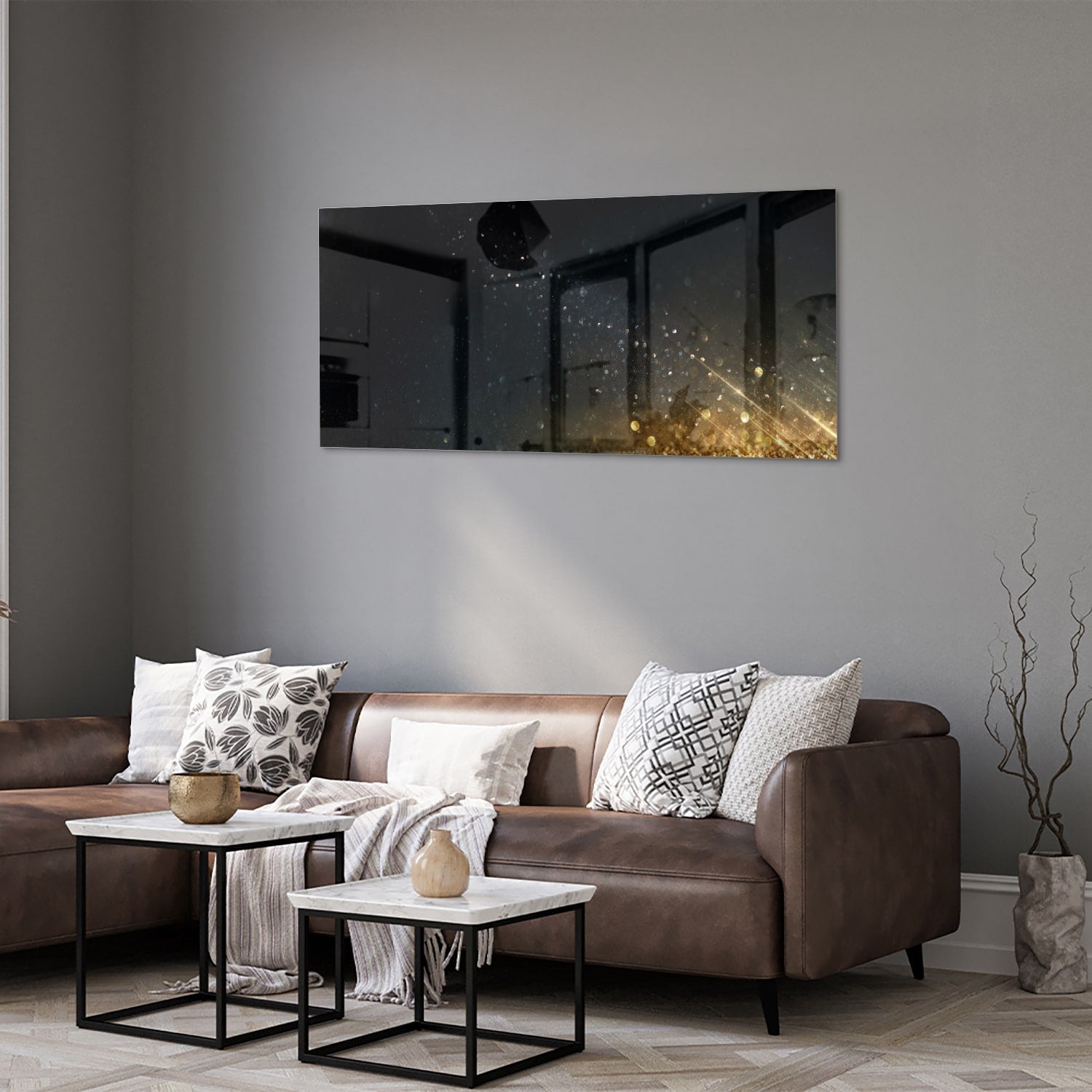 Schwarzes Glasbild mit Sternen und Lichtreflexionen – Glasbild aus Sicherheitsglas, Größe 40x40_rond