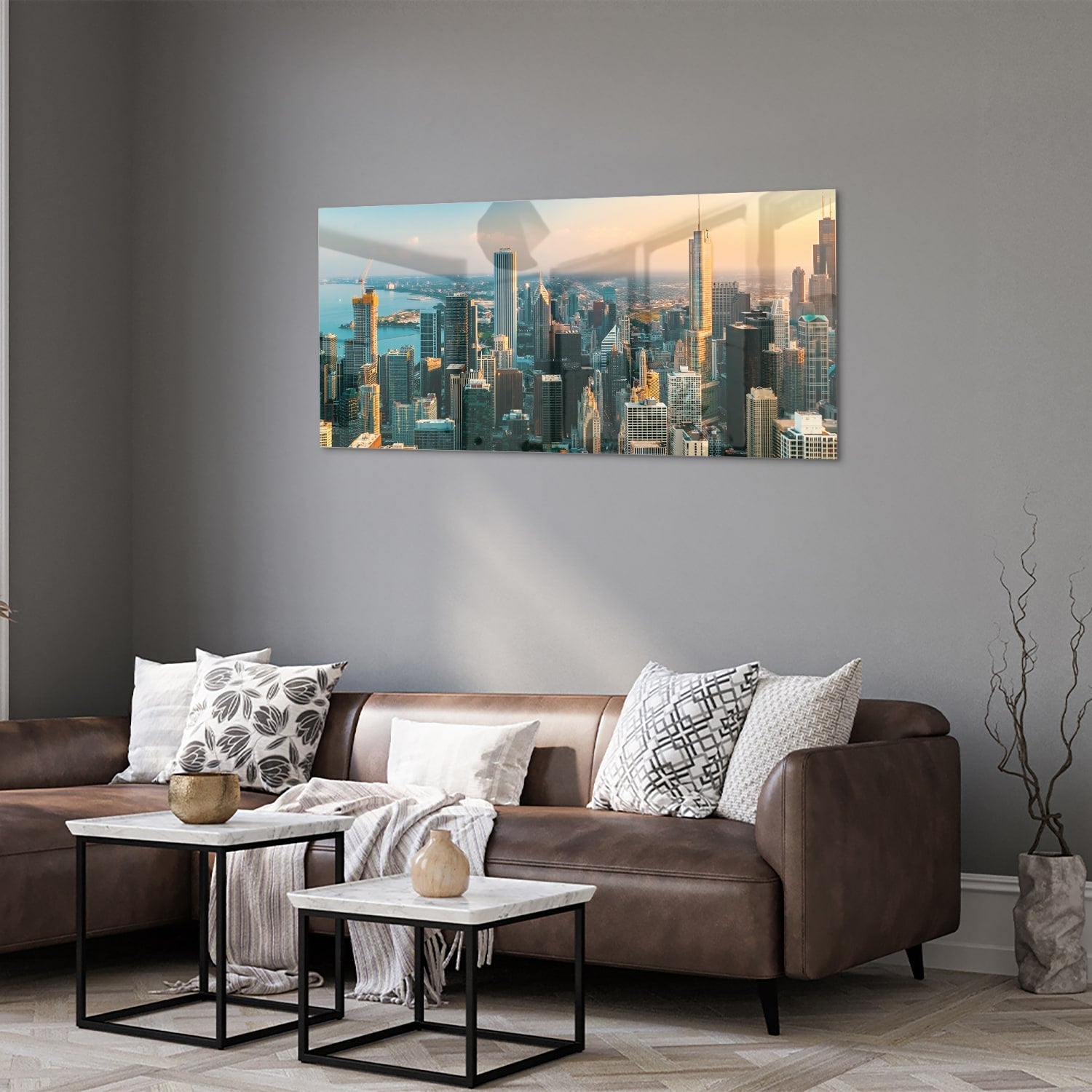 Stadtblick – Glasbild für moderne Innenräume – Glasbild aus Sicherheitsglas, Größe 40x40_rond