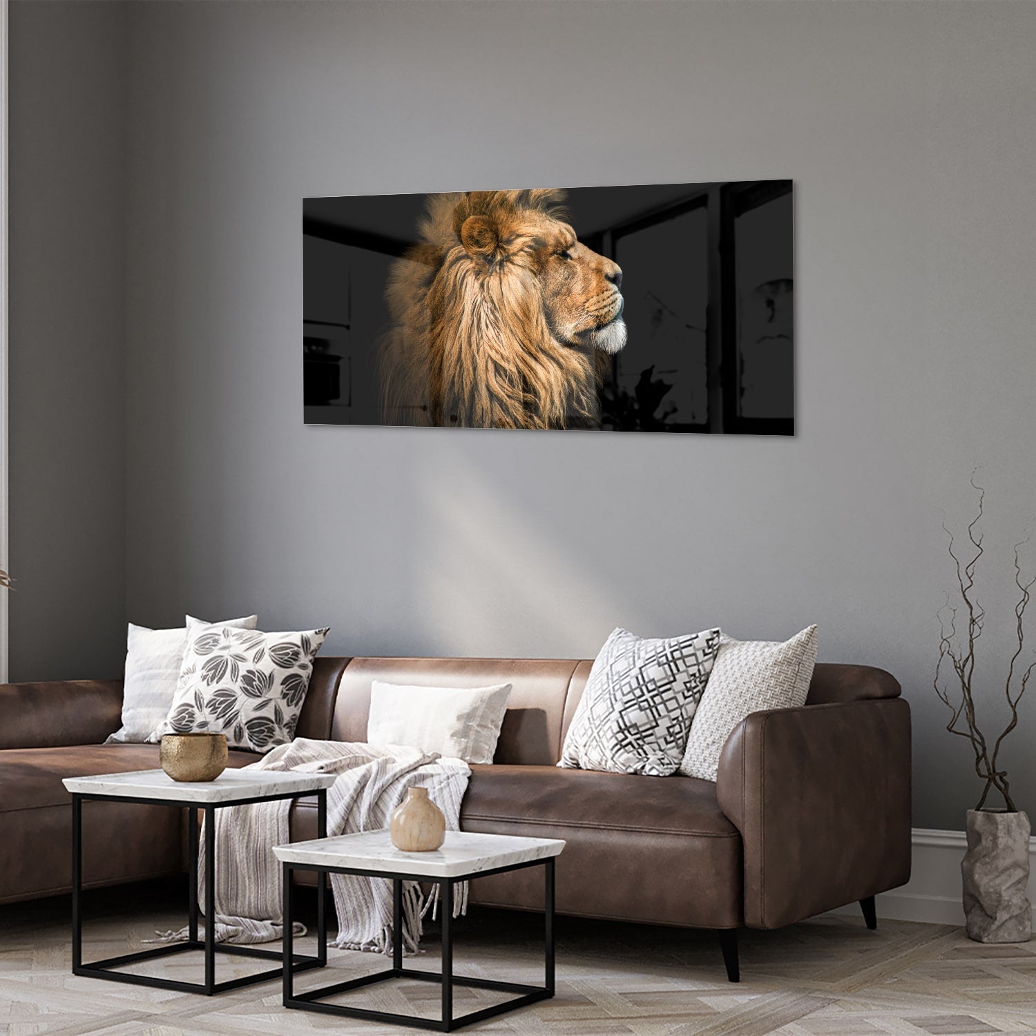 Glasbild mit majestätischem Löwen – Glasbild aus Sicherheitsglas, Größe 40x40_rond