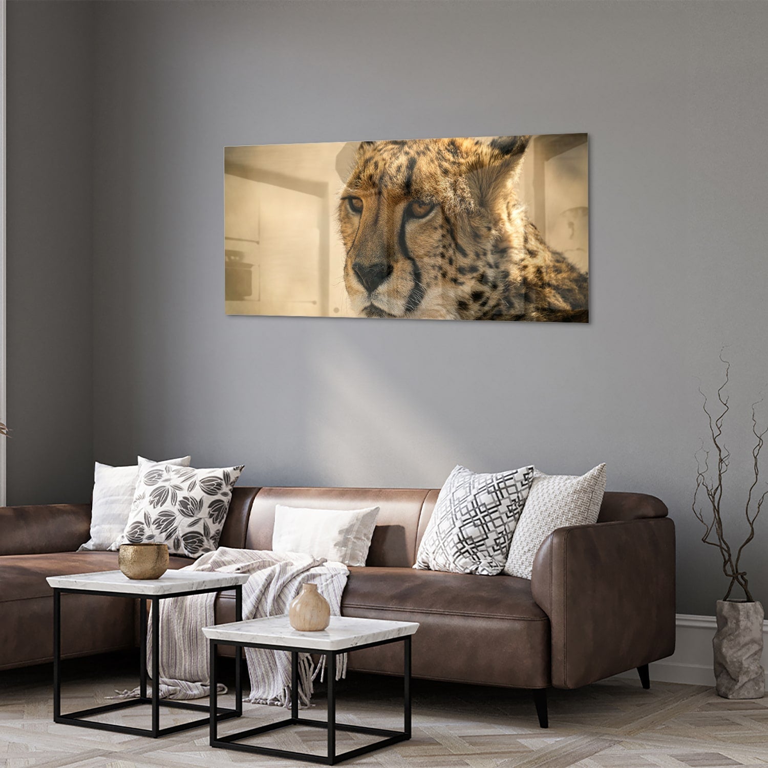 Elegantes Glasbild mit einem Leoparden – Glasbild aus Sicherheitsglas, Größe 40x40_rond
