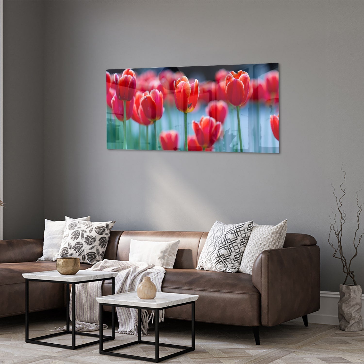 Glasbild – Lebendige rote Tulpen – Glasbild aus Sicherheitsglas, Größe 40x40_rond