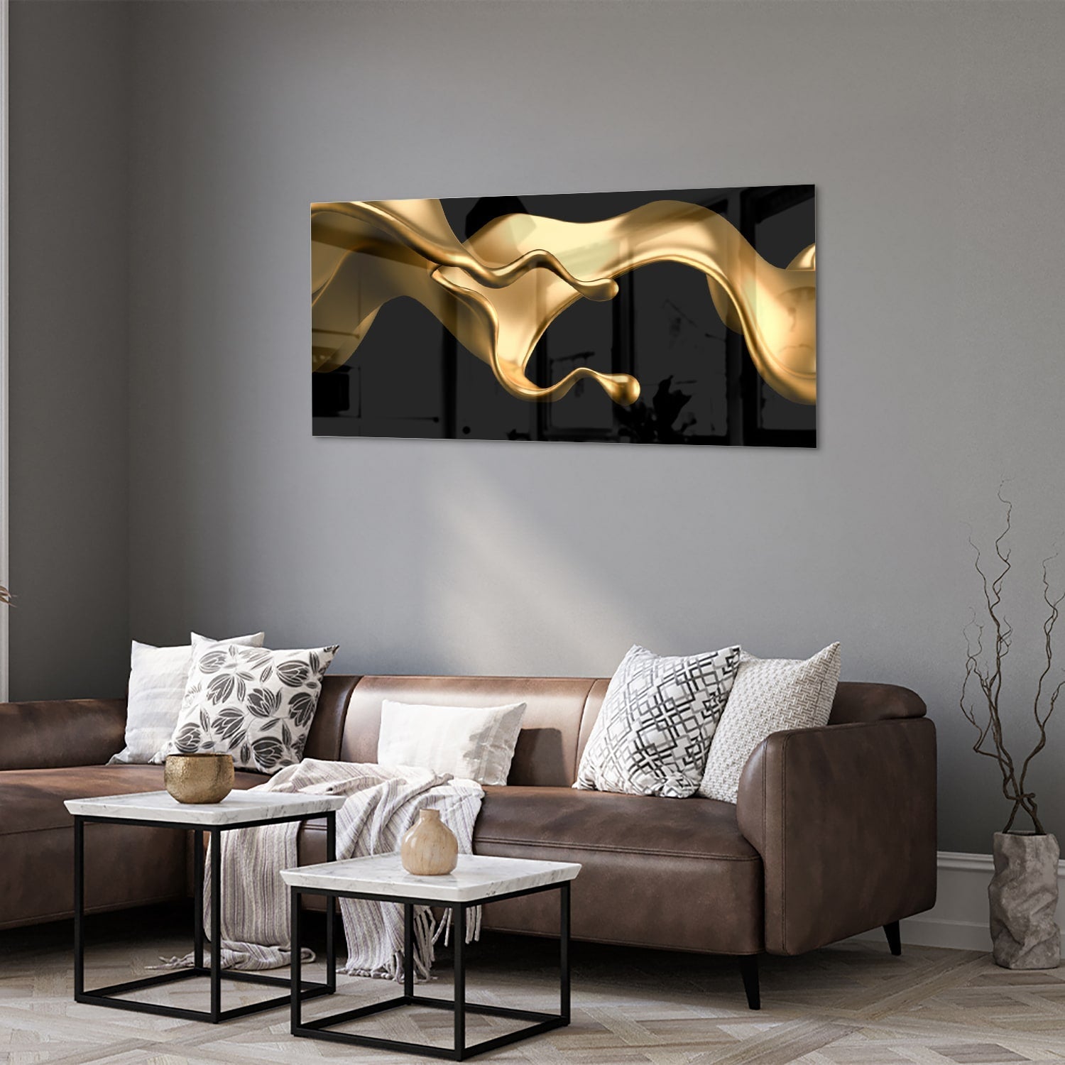 Abstraktes Glasbild mit goldener Welle für elegante Innenräume – Glasbild aus Sicherheitsglas, Größe 40x40_rond