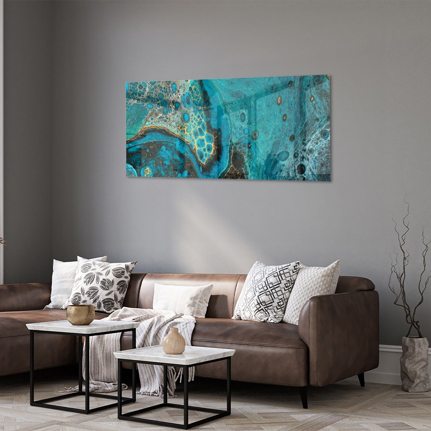 Abstraktes Glasbild in Türkis und Gold – Glasbild aus Sicherheitsglas, Größe 40x40_rond