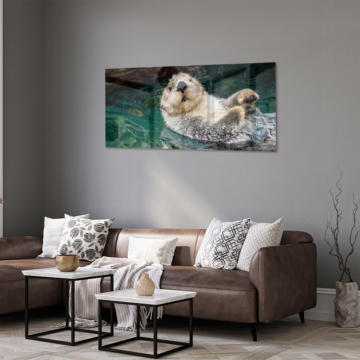Glasbild mit schwimmendem Seeotter – Glasbild aus Sicherheitsglas, Größe 40x40_rond
