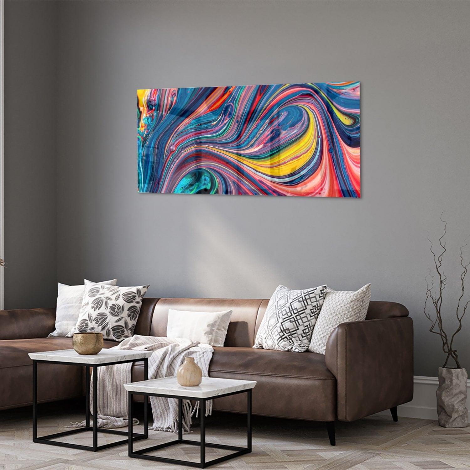 Farbenfrohes abstraktes Glasbild für ein modernes Interieur – Glasbild aus Sicherheitsglas, Größe 40x40_rond
