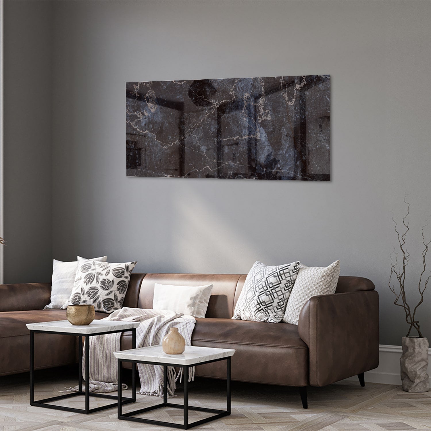 Elegantes Glasbild in dunkler Marmoroptik – Glasbild aus Sicherheitsglas, Größe 40x40_rond