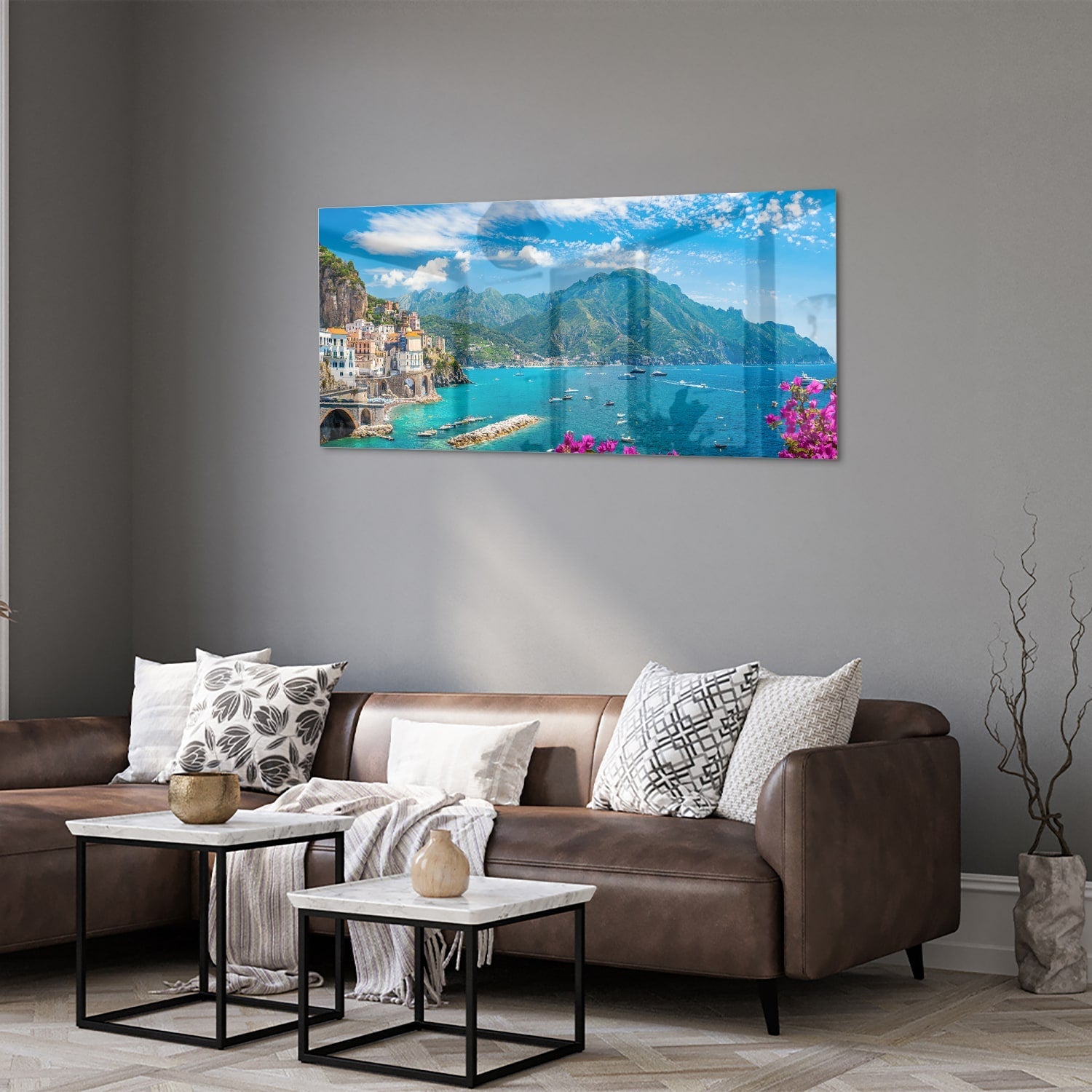 Glasbild mit blauem See und Bergen – Glasbild aus Sicherheitsglas, Größe 40x40_rond