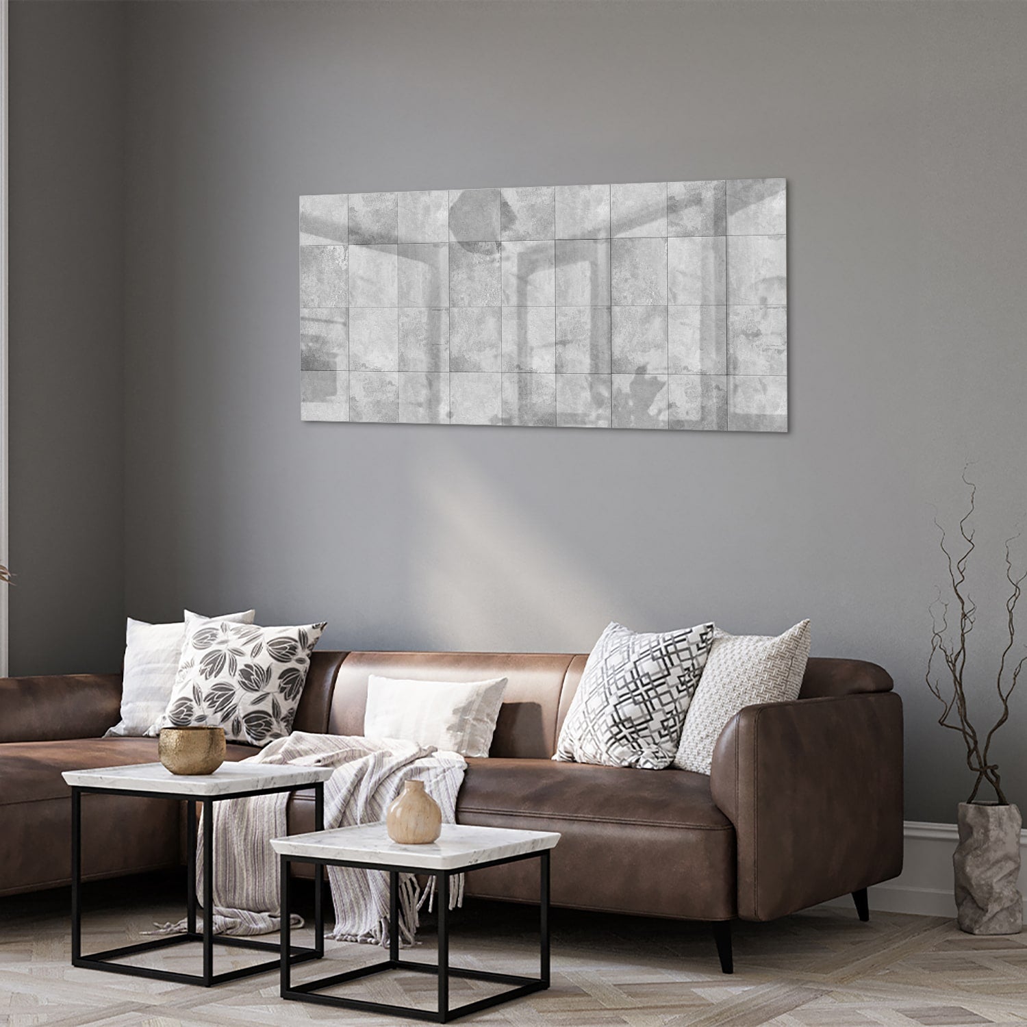 Modernes Glasbild mit abstrakten Grautönen – Glasbild aus Sicherheitsglas, Größe 40x40_rond