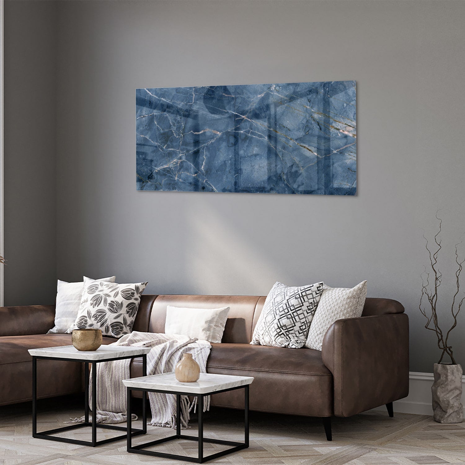 Blaues Glasbild mit Marmoroptik – Glasbild aus Sicherheitsglas, Größe 40x40_rond