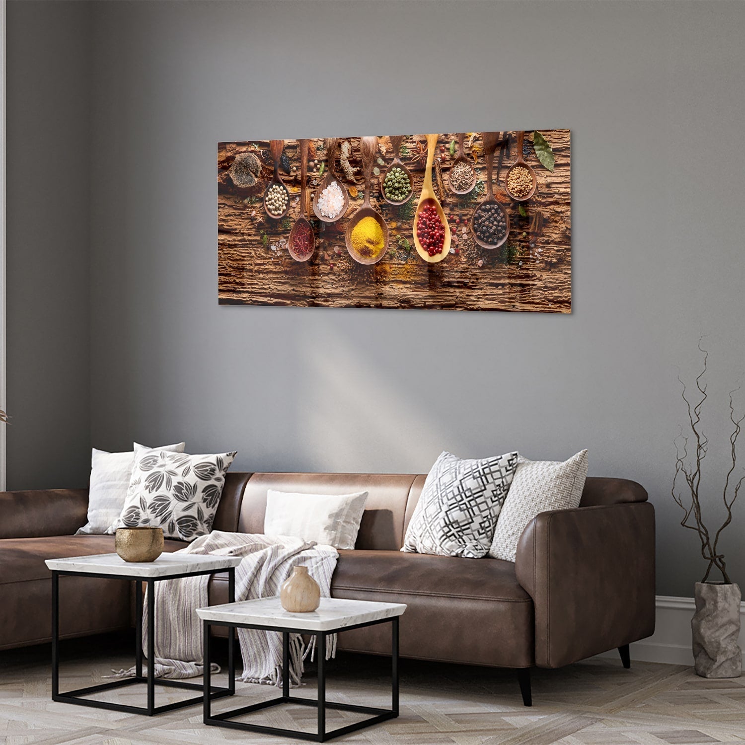 Buntes Glasbild mit Gewürzen und Löffelmotiven – Glasbild aus Sicherheitsglas, Größe 40x40_rond