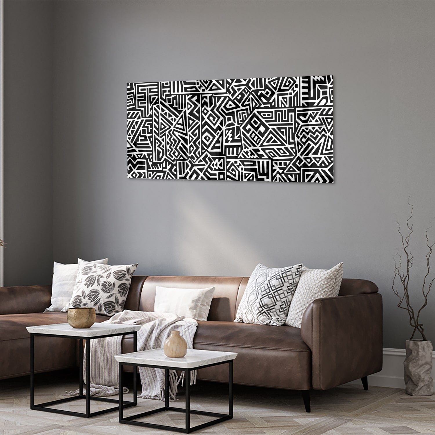 Schwarz-Weiß-Glasbild mit modernem Muster – Glasbild aus Sicherheitsglas, Größe 40x40_rond