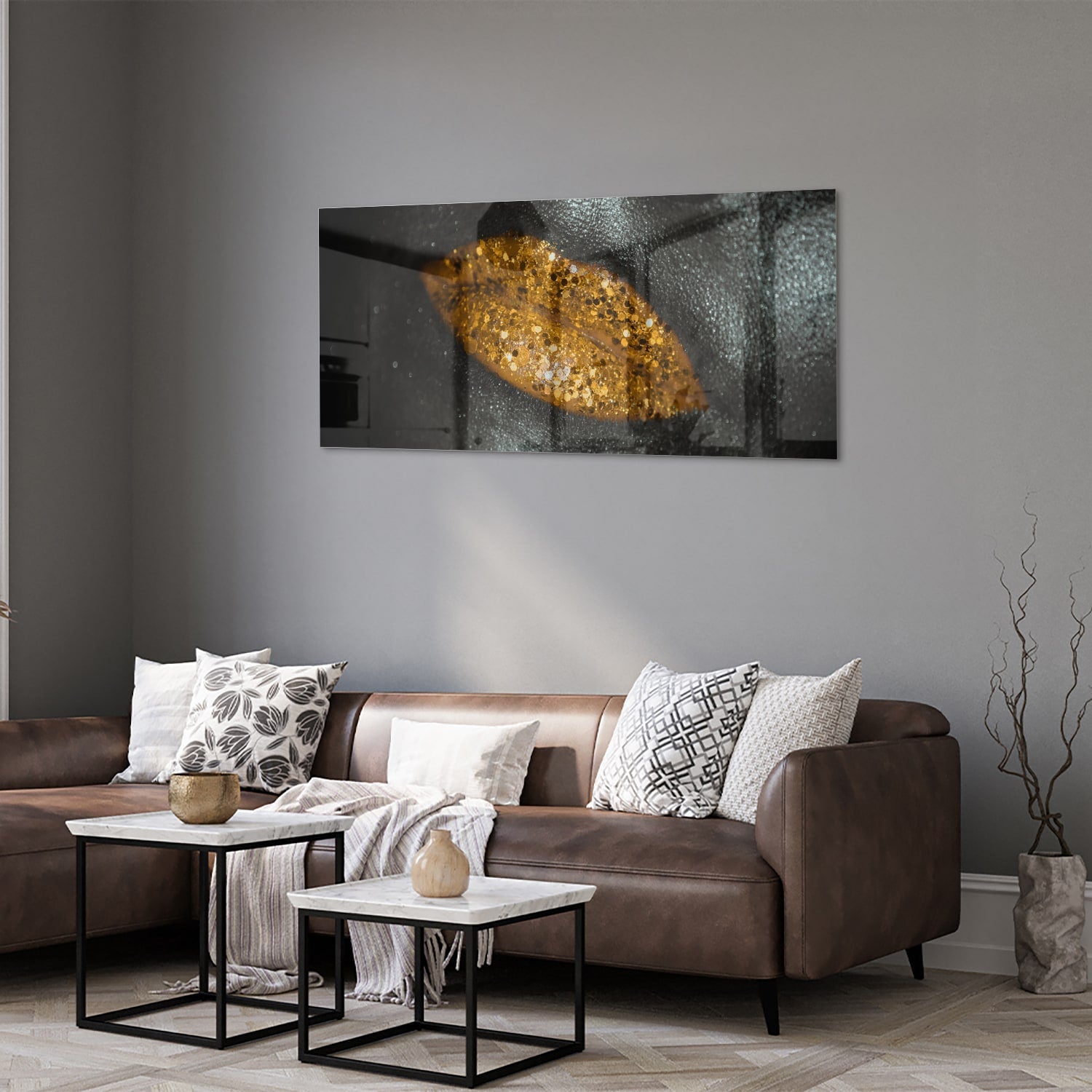Glasbild mit goldenem Blatt für Ihr Interieur – Glasbild aus Sicherheitsglas, Größe 40x40_rond